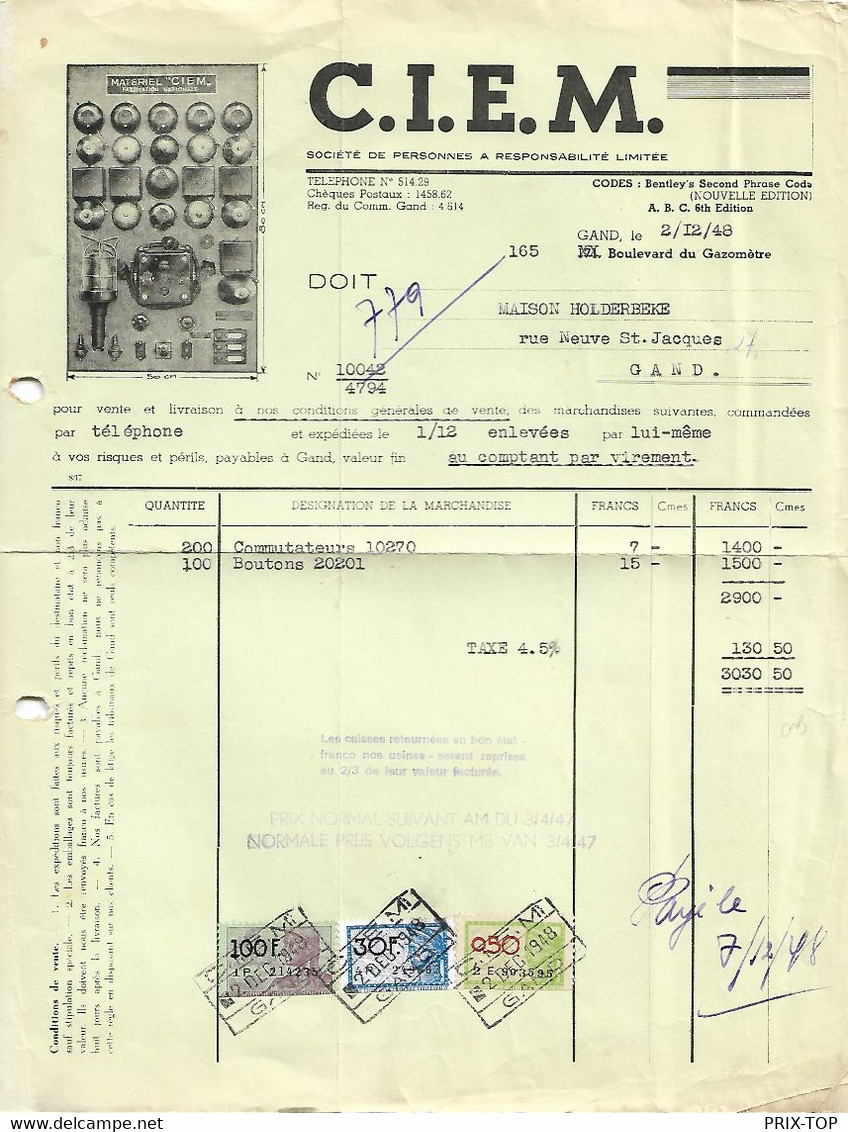 SP320/ TP Fiscaux De 130,50 F S/Facture C.I.E.M. Daté De Gand 2/12/48 > Gand - Documenten