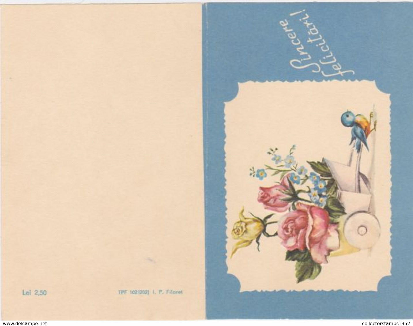 W0850-BIRD, FORGET ME NOT, ROSES, FLOWERS, PLANTS, EMBOISSED, 2 PARTS FOLDED - Flowers