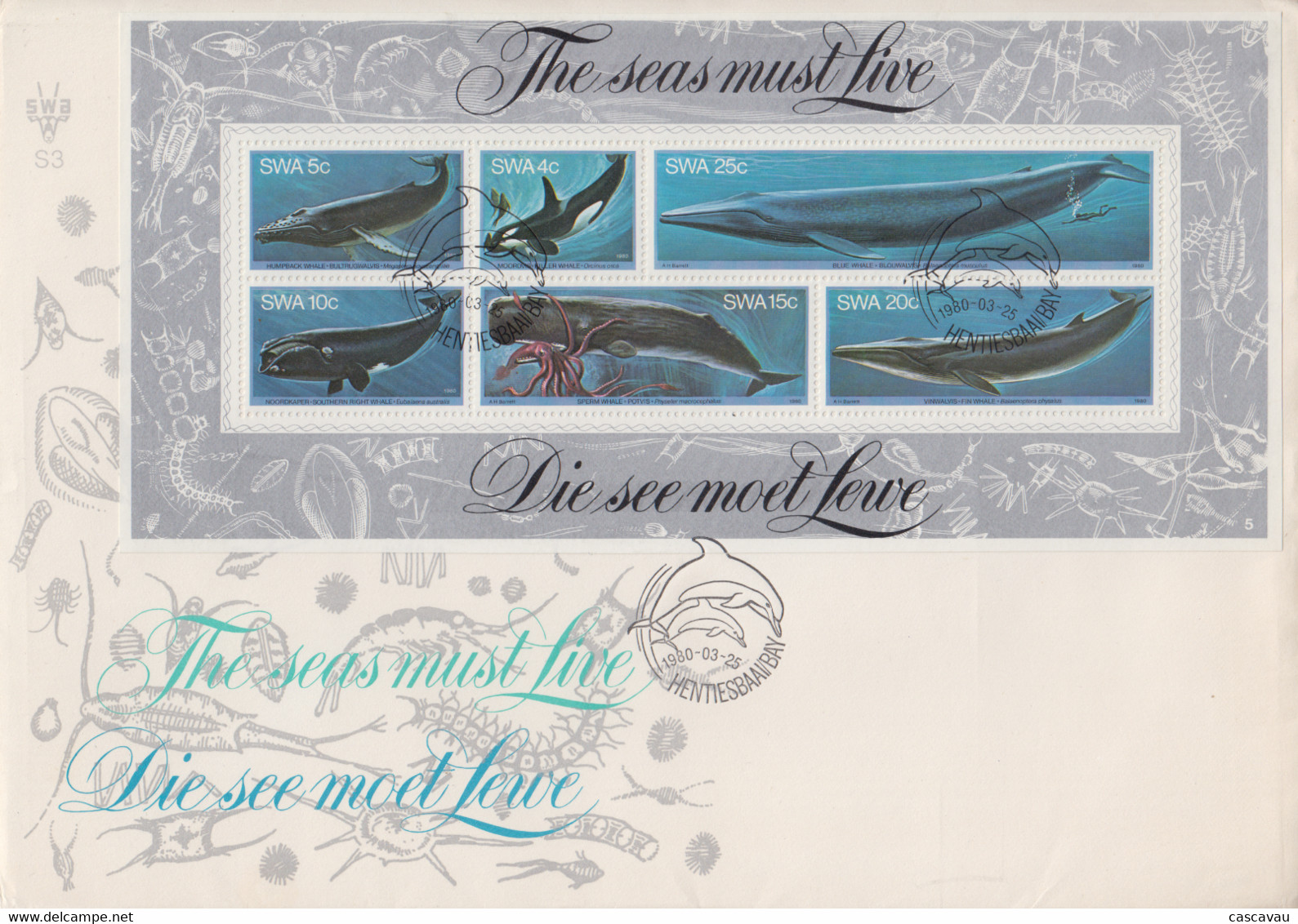 Enveloppe  FDC  1er  Jour   SUD - OUEST   AFRICAIN    Bloc  Feuillet    Baleines    1980 - Ballenas