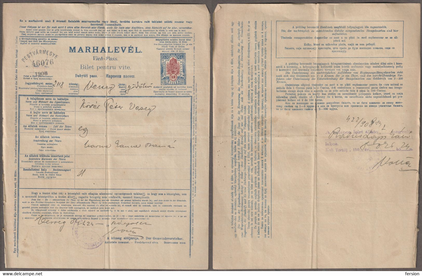 1908 Hungary PEST County VERSEG - REVENUE TAX - CROWN Coat Of ARMS - DONKEY Animal Passport 12 Fill - Revenue Stamps
