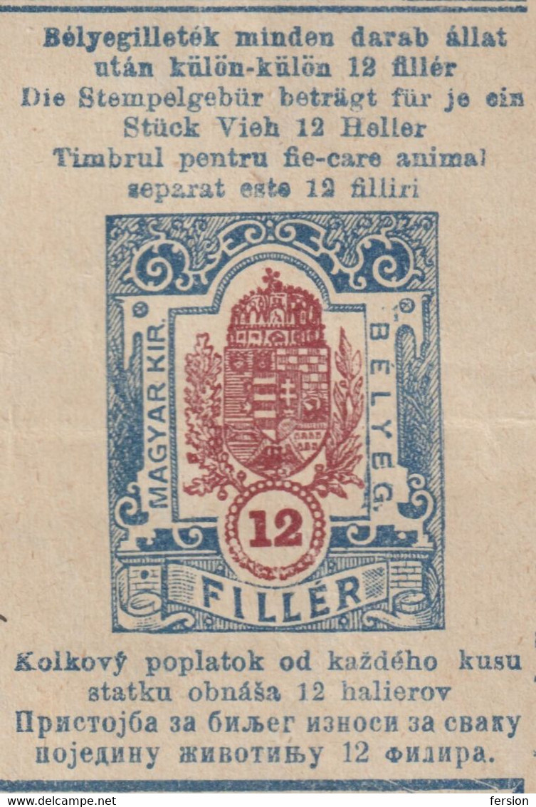 1908 Hungary PEST County VERSEG - REVENUE TAX - CROWN Coat Of ARMS - DONKEY Animal Passport 12 Fill - Revenue Stamps