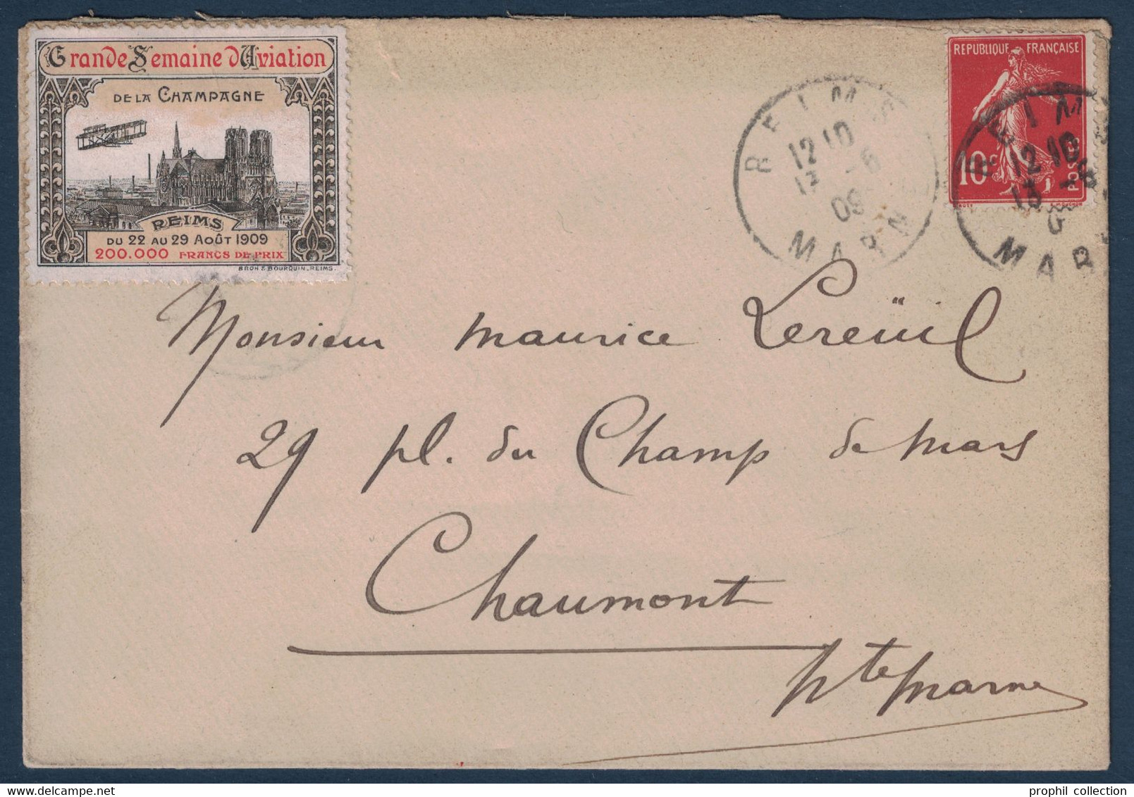 VIGNETTE GRANDE SEMAINE D'AVIATION De La CHAMPAGNE REIMS 1909 Sur LETTRE AFFRANCHIE SEMEUSE CAD REIMS MARNE - Aviation