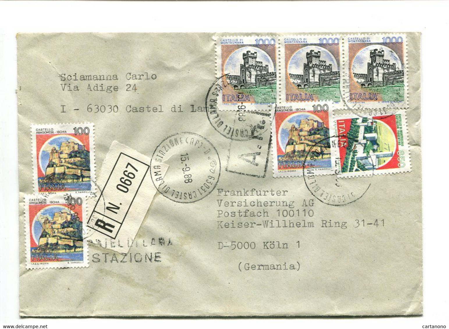 ITALIE Castel Di Lama 1988 - Affranchissement Sur Lettre Recommandée Pour La France - Série Des Châteaux - Maschinenstempel (EMA)