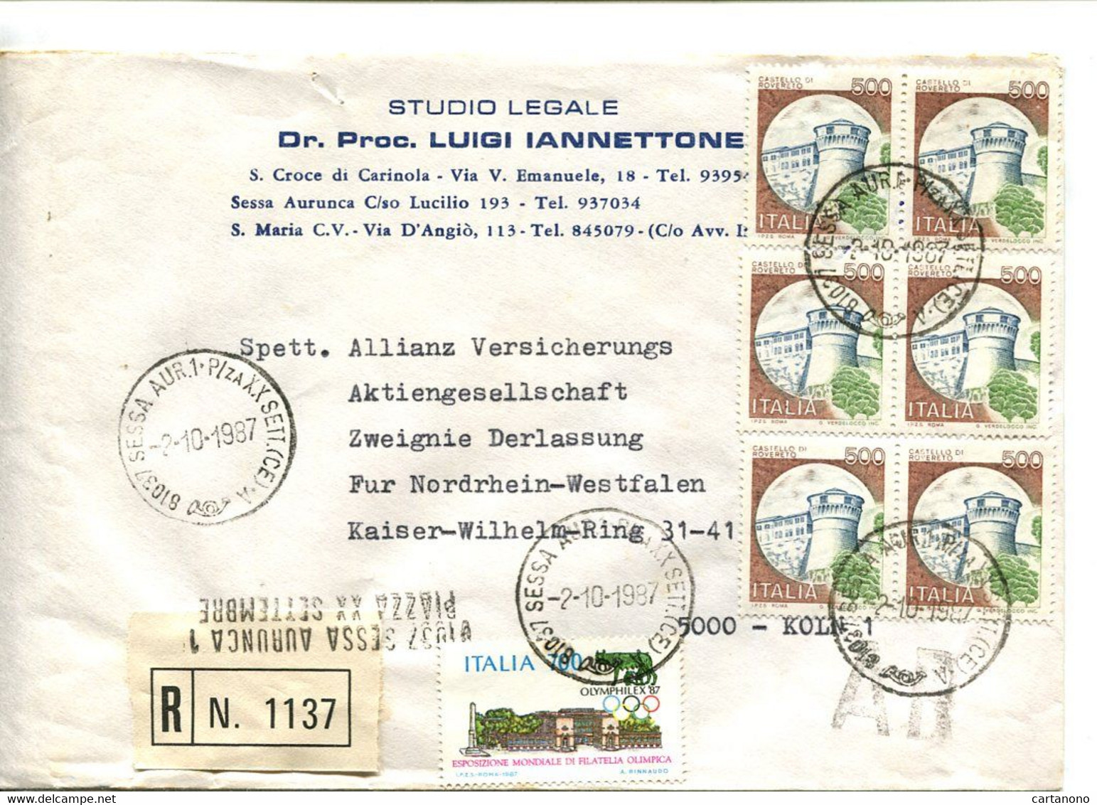 ITALIE Sessa 1987 - Affranchissement Sur Lettre Recommandée Pour L'Allemagne - Série Des Châteaux - Franking Machines (EMA)