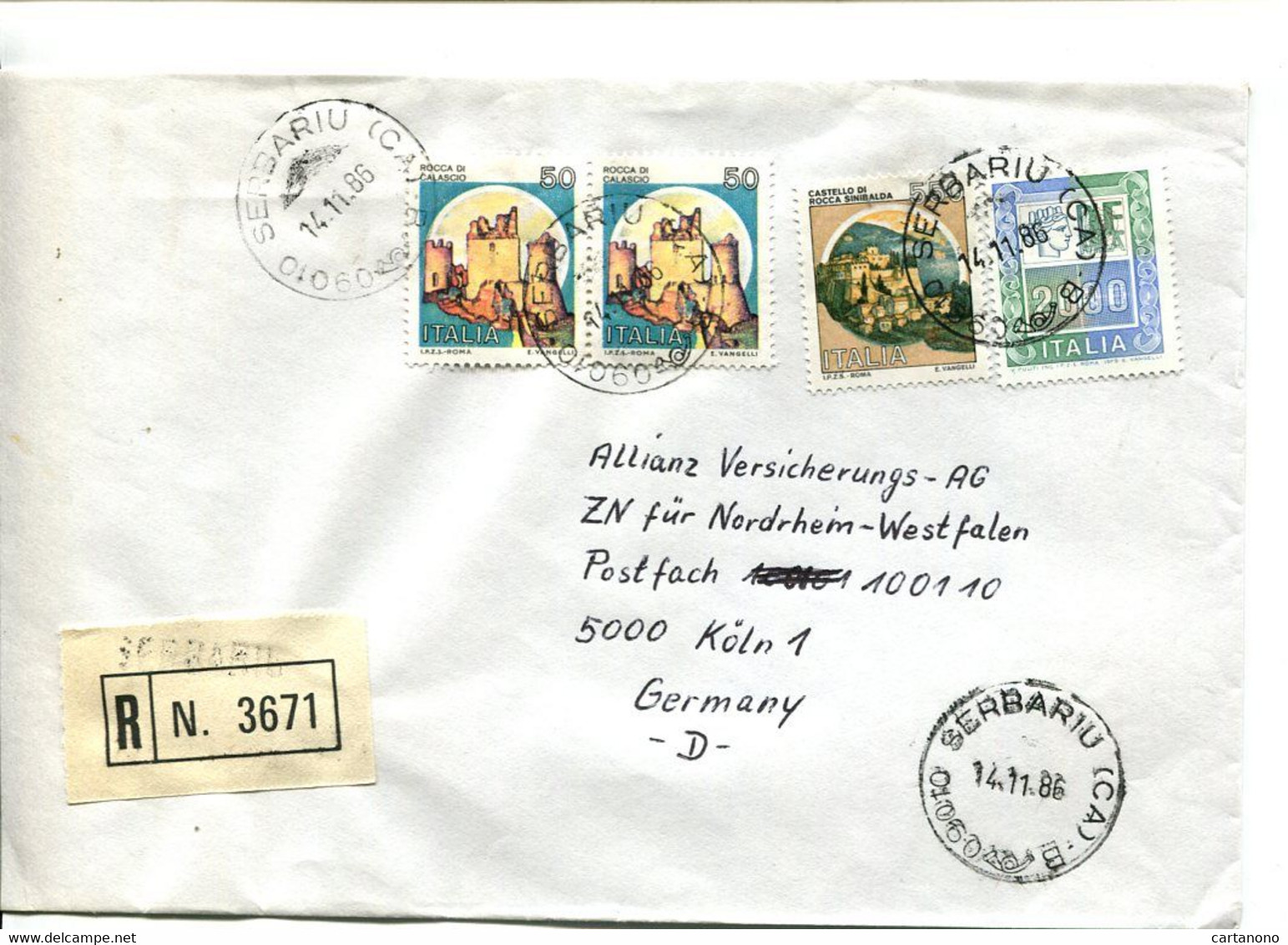 ITALIE Serbariu 1986 - Affranchissement Sur Lettre Recommandée Pour L'Allemagne - Série Des Châteaux - Franking Machines (EMA)