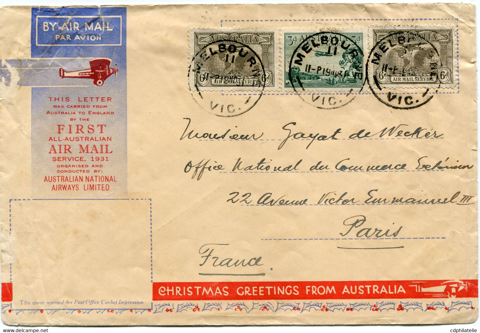 AUSTRALIE LETTRE PAR AVION "....THE FIRST LETTER ALL AUSTRALIAN AIR MAIL....." DEPART MELBOURNE 19 NO 31 POUR LA FRANCE - Lettres & Documents