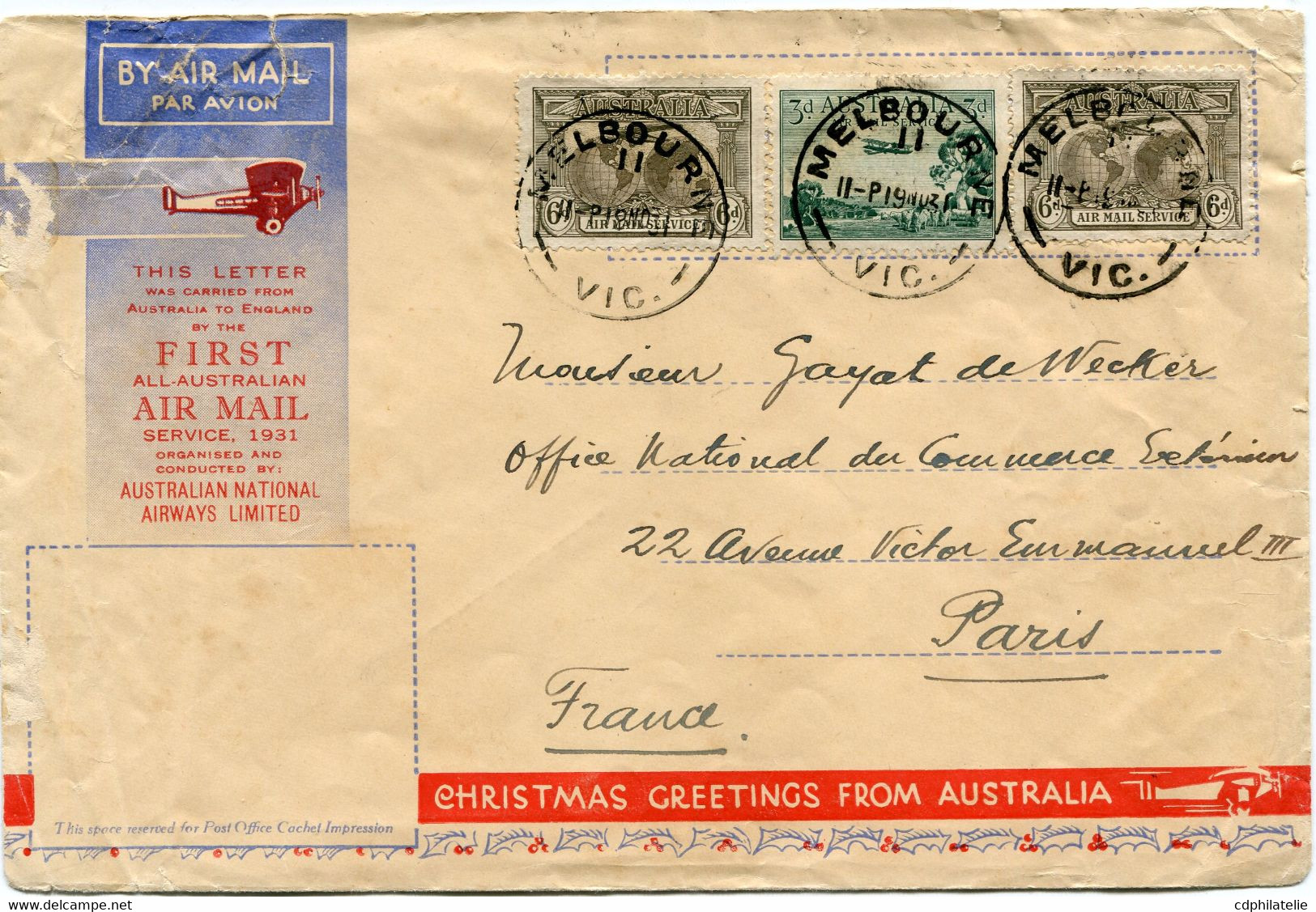 AUSTRALIE LETTRE PAR AVION "....THE FIRST LETTER ALL AUSTRALIAN AIR MAIL....." DEPART MELBOURNE 19 NO 31 POUR LA FRANCE - Briefe U. Dokumente