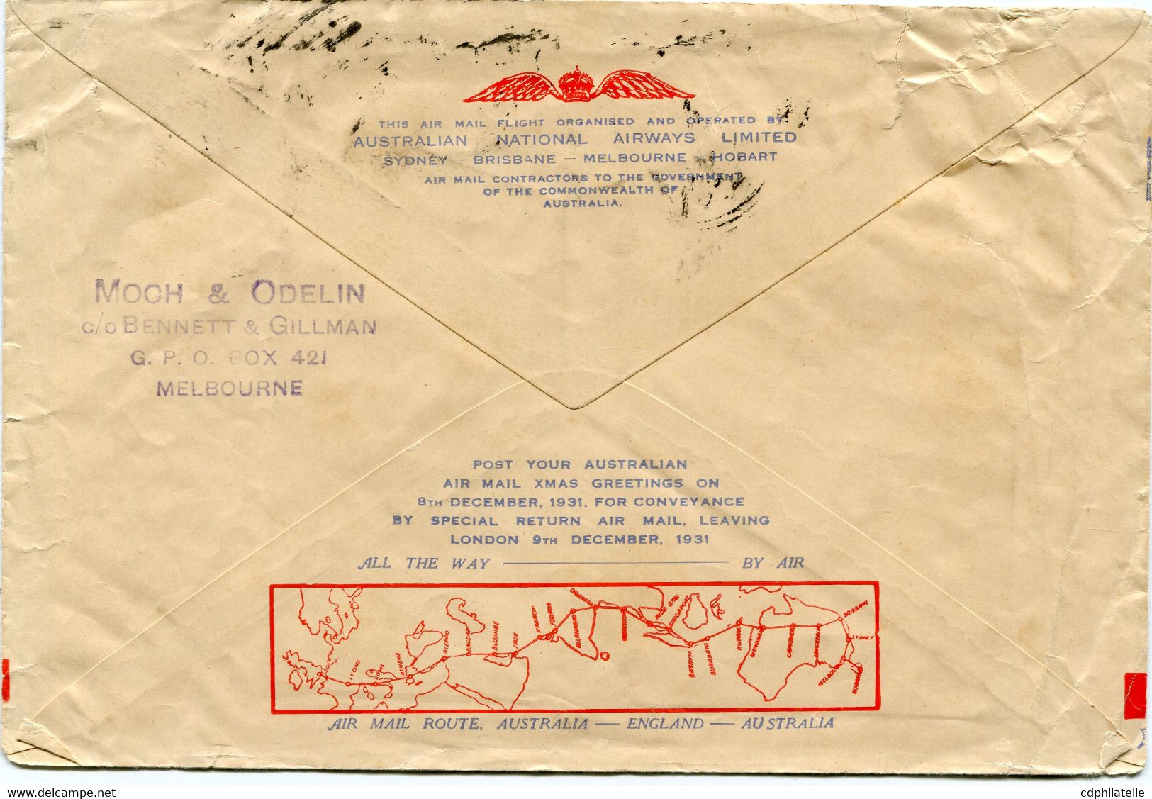 AUSTRALIE LETTRE PAR AVION "....THE FIRST LETTER ALL AUSTRALIAN AIR MAIL....." DEPART MELBOURNE 19 NO 31 POUR LA FRANCE - Brieven En Documenten