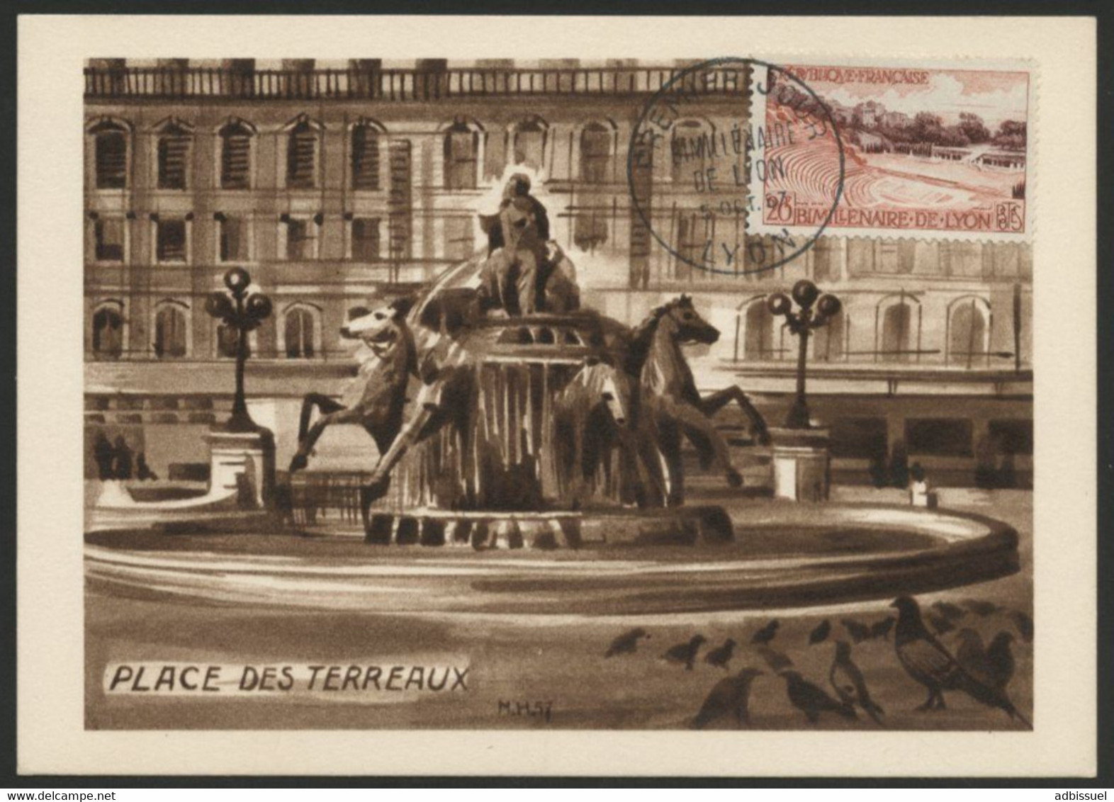 Cachet PREMIER JOUR Sur N° 1124 BIMILLENAIRE De LYON Place Des Terreaux, Fontaine Bartholdi - 1950-1959