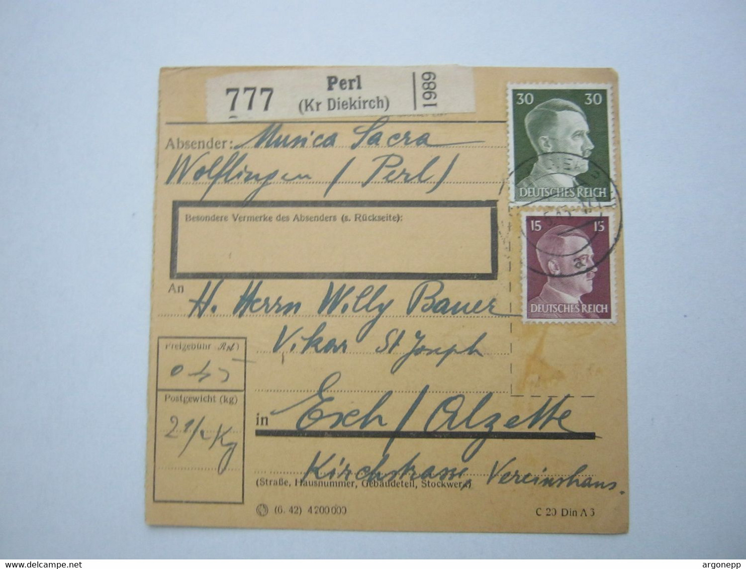 1943 ,  Paketkarte Aus PERL - 1940-1944 Duitse Bezetting