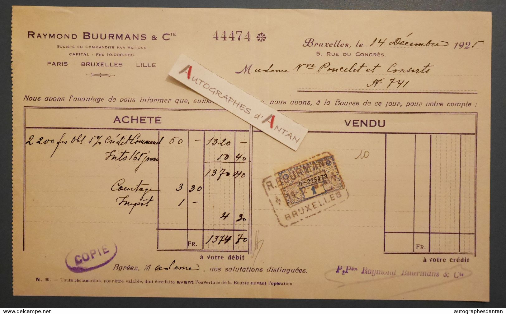 Raymond BUURMANS Bruxelles 1925 Achat D'actions Pour Mme PONCELET - Timbre Taxe - Belgique - Banque & Assurance