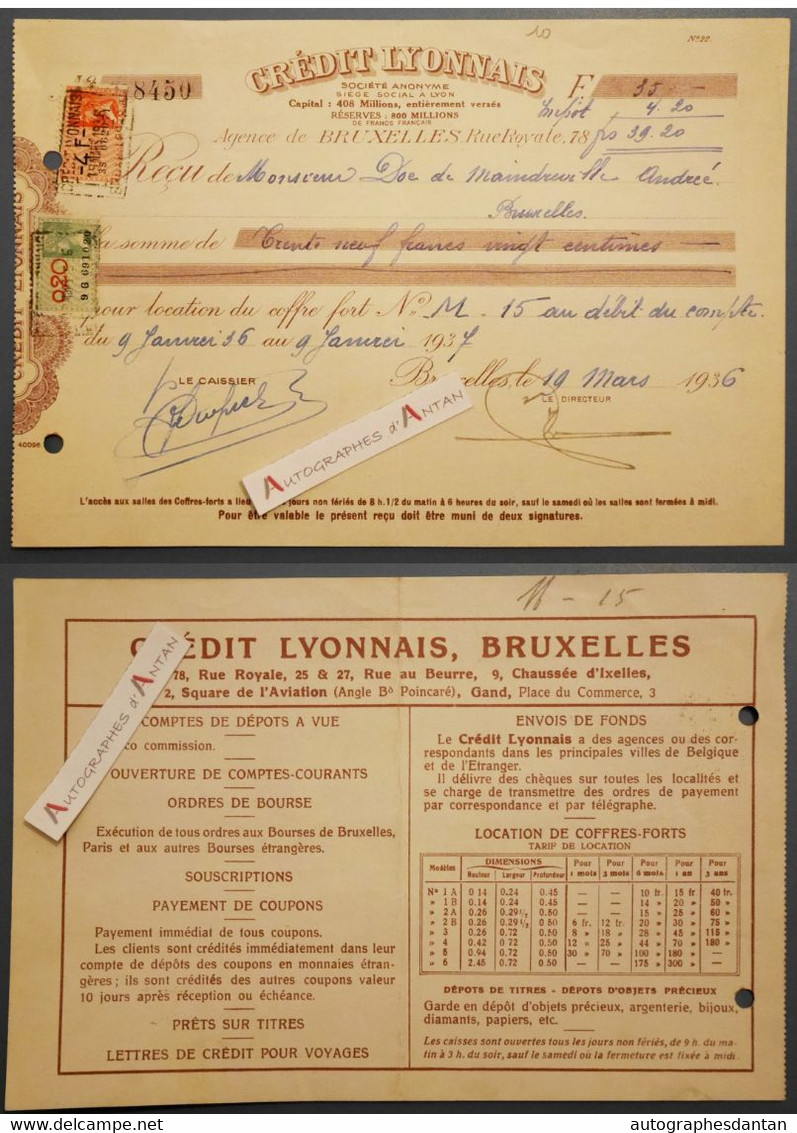 Crédit Lyonnais - Bruxelles 1936 - Location De Coffre Fort + Tarifs Au Verso - De Maindreville - Belgique - Vieux Papier - Bank En Verzekering