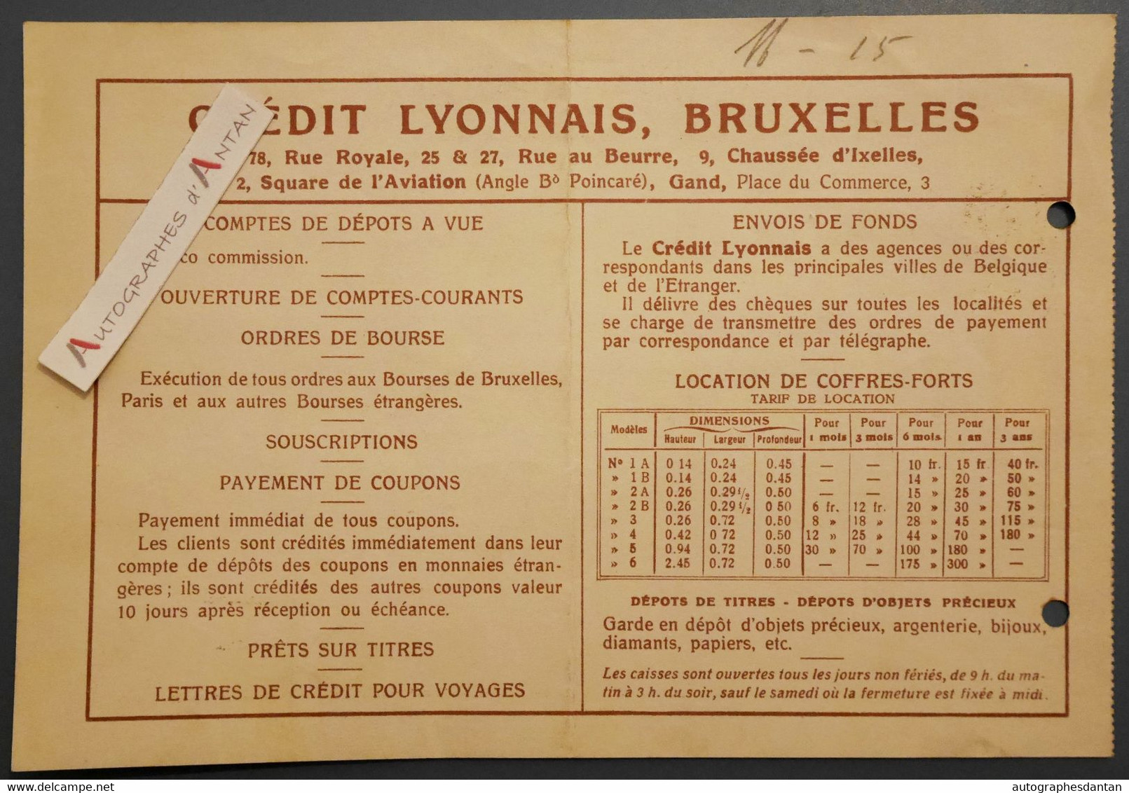 Crédit Lyonnais - Bruxelles 1936 - Location De Coffre Fort + Tarifs Au Verso - De Maindreville - Belgique - Vieux Papier - Bank & Versicherung