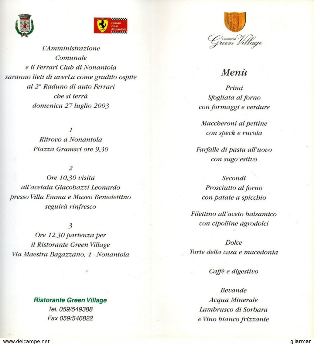 MOTORING - ITALIA - 2° RADUNO CITTA' DI NONANTOLA DI AUTO FERRARI - DEPLIANT / INVITO - MENU' PRANZO UFFICIALE - Automobile - F1