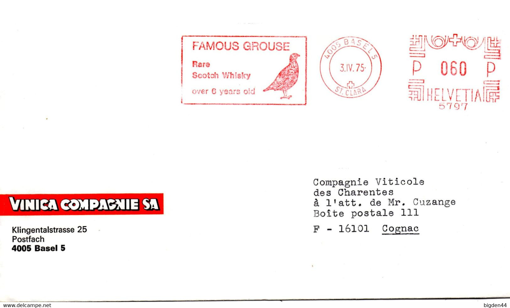 EMA De Basel  (3.04.1975) Pour Cognac Grouse Whisky P060P Helvetia - Briefe U. Dokumente