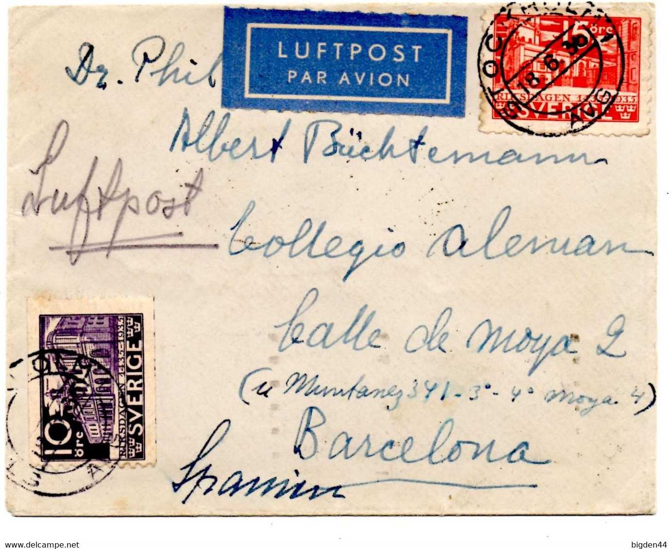 Lettre Par Avion De Stockholm (16.06.1935) Pour Barcelone Via Bourget Paris Avion - Covers & Documents