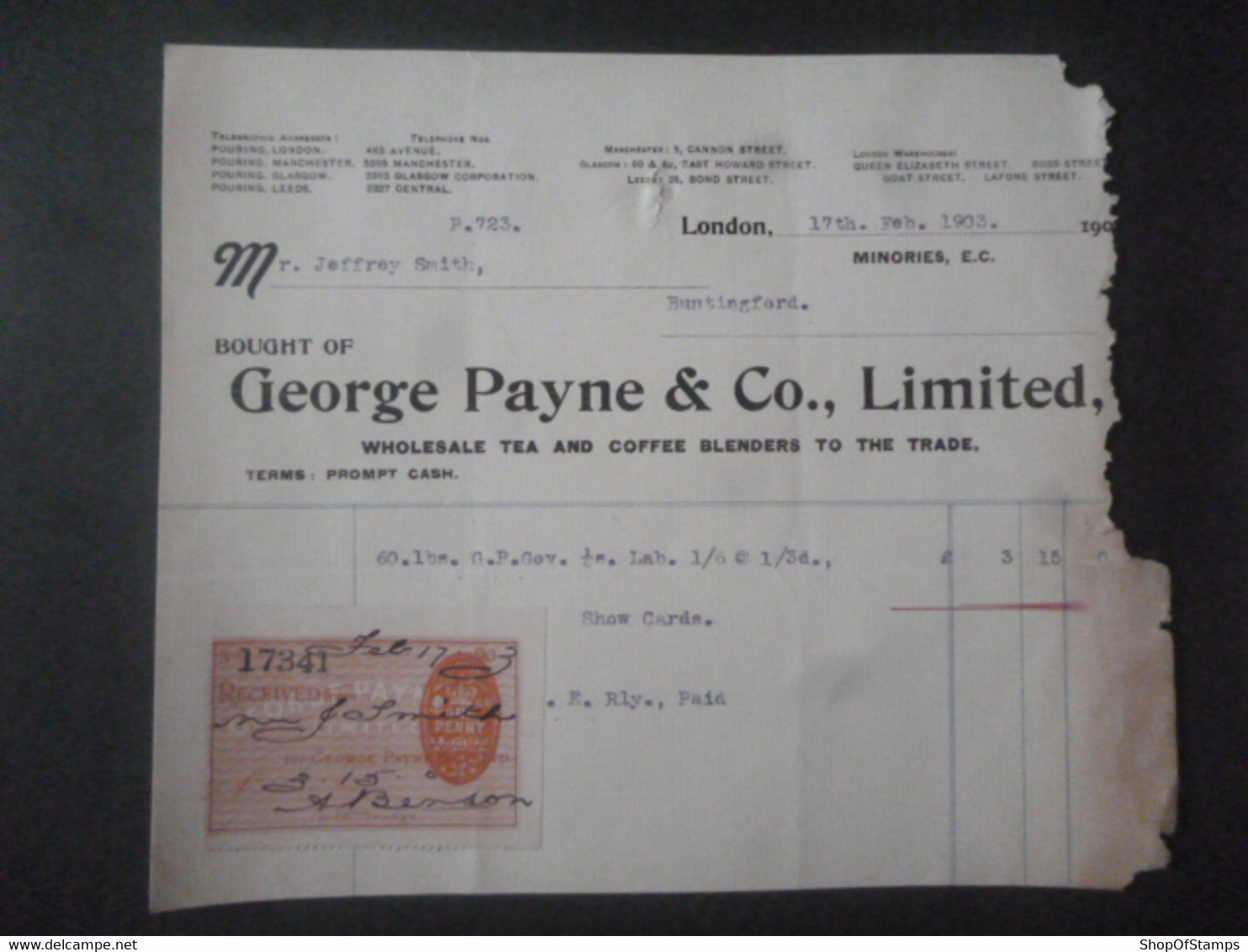 GREAT BRITAIN DOCUMENT GEORGE PAYNE TEA INVOICES 1903 WITH CINDRELLA LABEL - Royaume-Uni