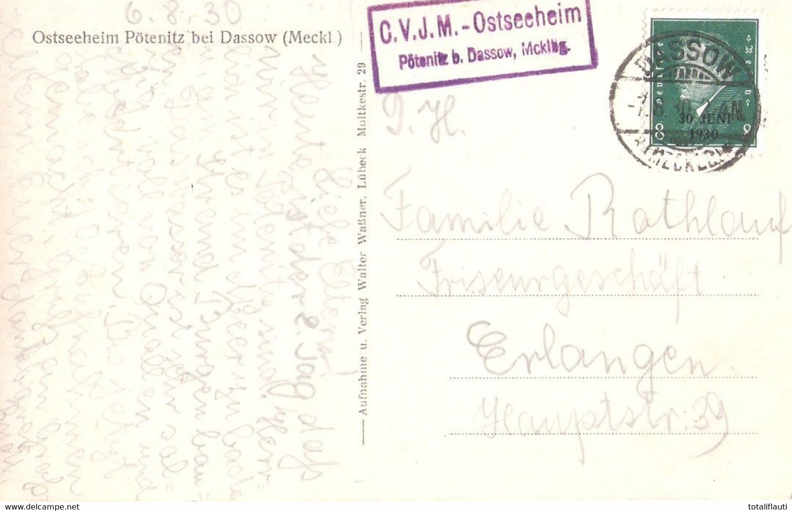 PÖTENITZ Dassow Mecklenburg CVJM Ostseeheim Christlicher Verein Junger Männer Landpost Nebenstempel 7.8.1930 - Boltenhagen