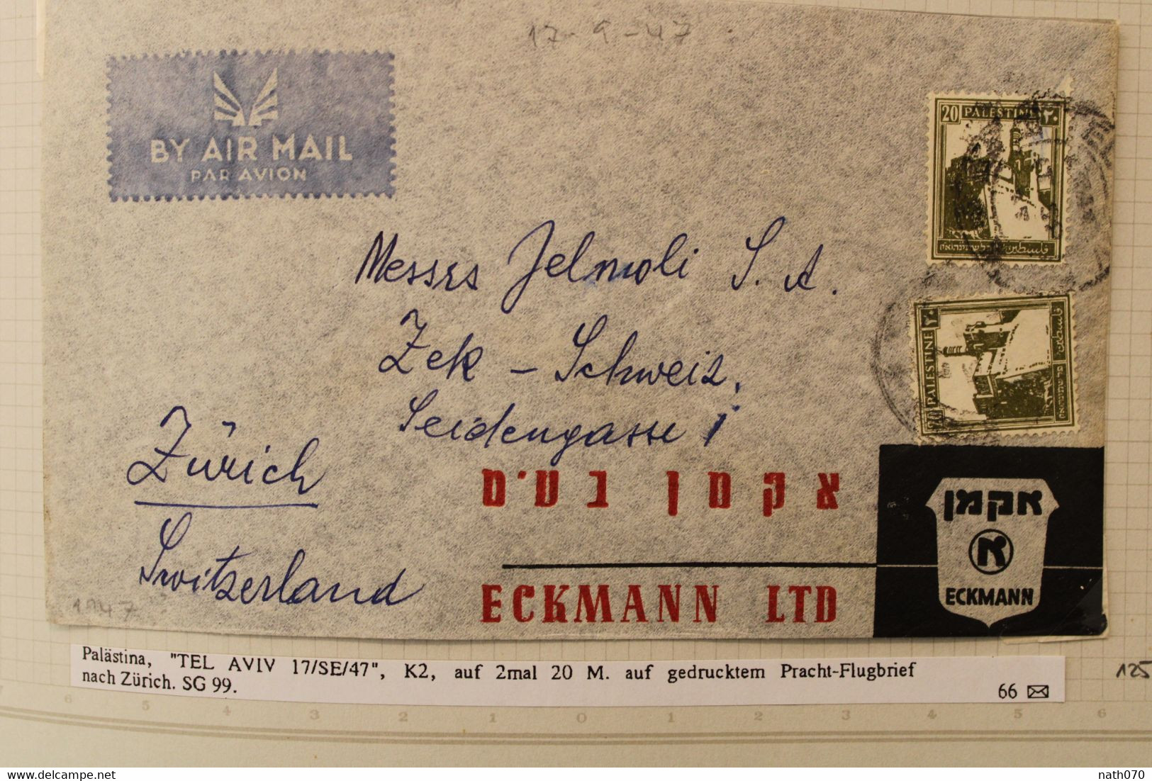 1947 To Switzerland Suisse Schweiz LEVANT Cover Palestine Palästina Israel Air Mail - Palestina