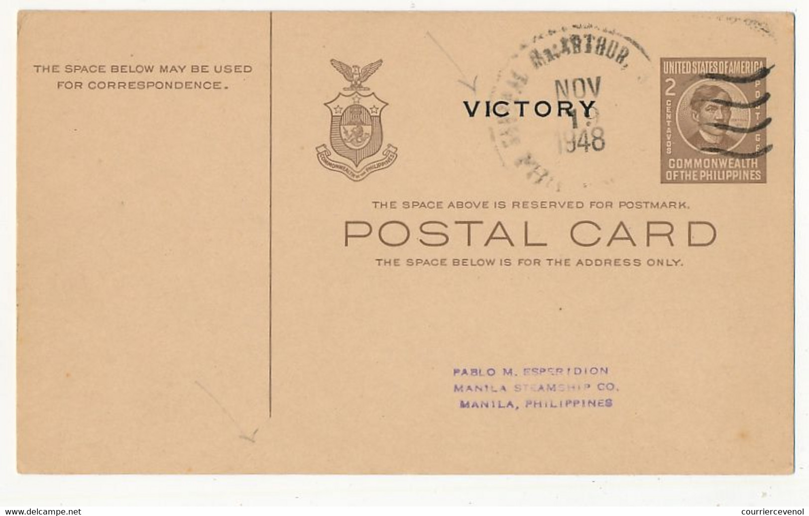 PHILIPPINES - 3 Cartes Postales (entiers Postaux) VICTORY - 1945 à 1949 - Filipinas