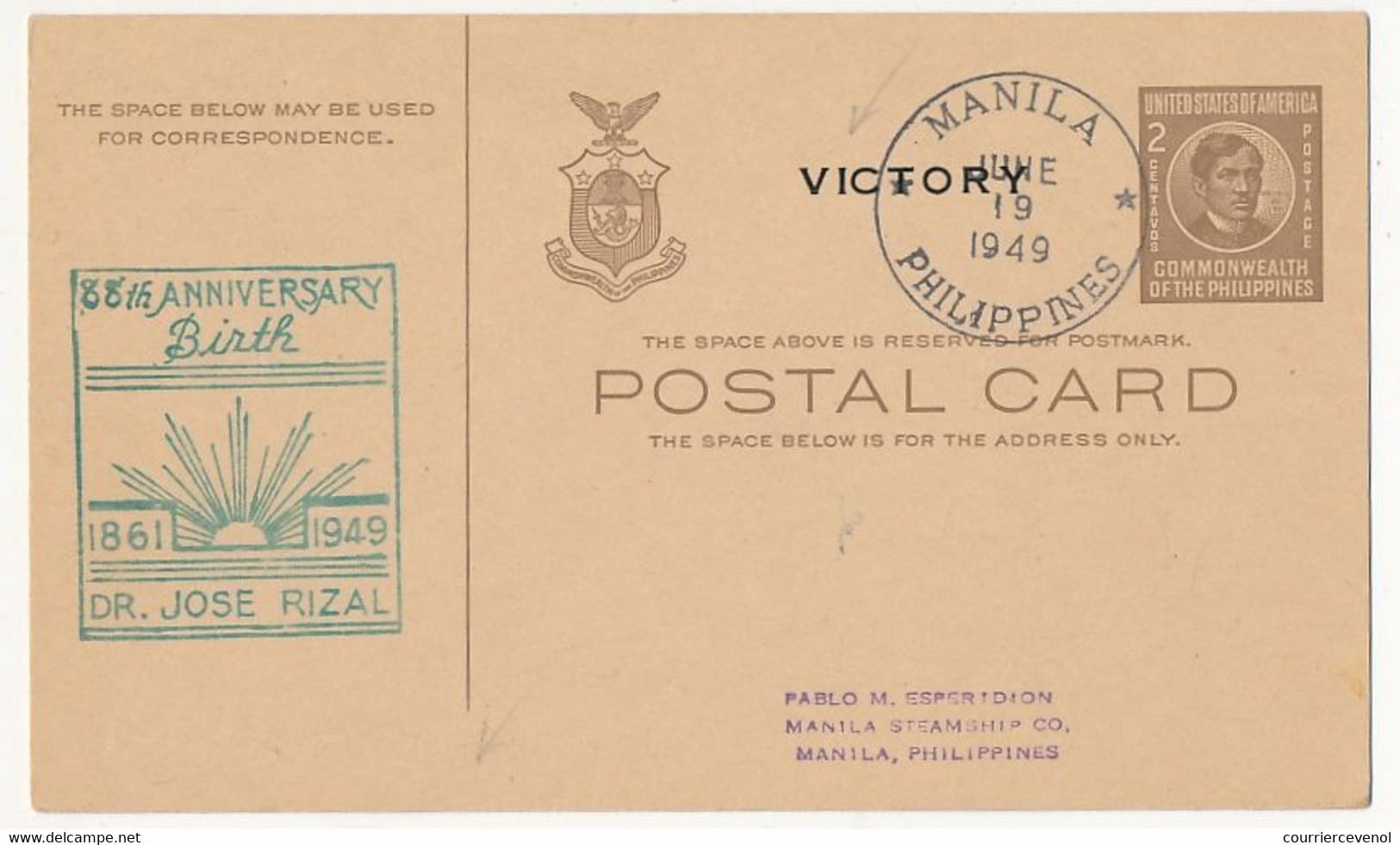 PHILIPPINES - 3 Cartes Postales (entiers Postaux) VICTORY - 1945 à 1949 - Philippines
