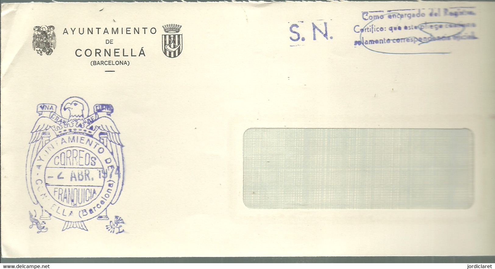 AYUNTAMIENTO  CORNELLA   1974 - Postage Free