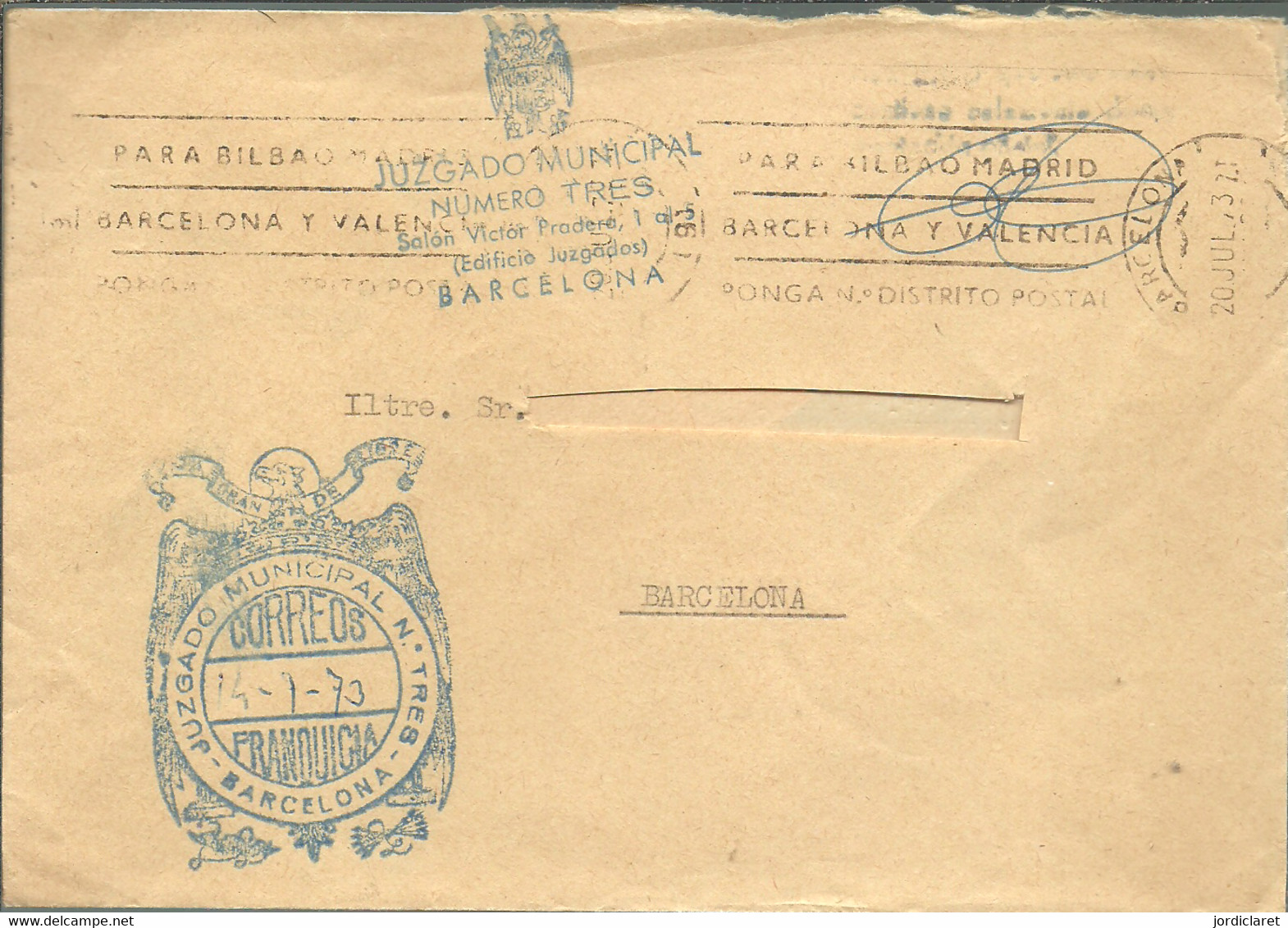 JUZGADO MUNICIPAL  BARCELONA   1973 - Franquicia Postal