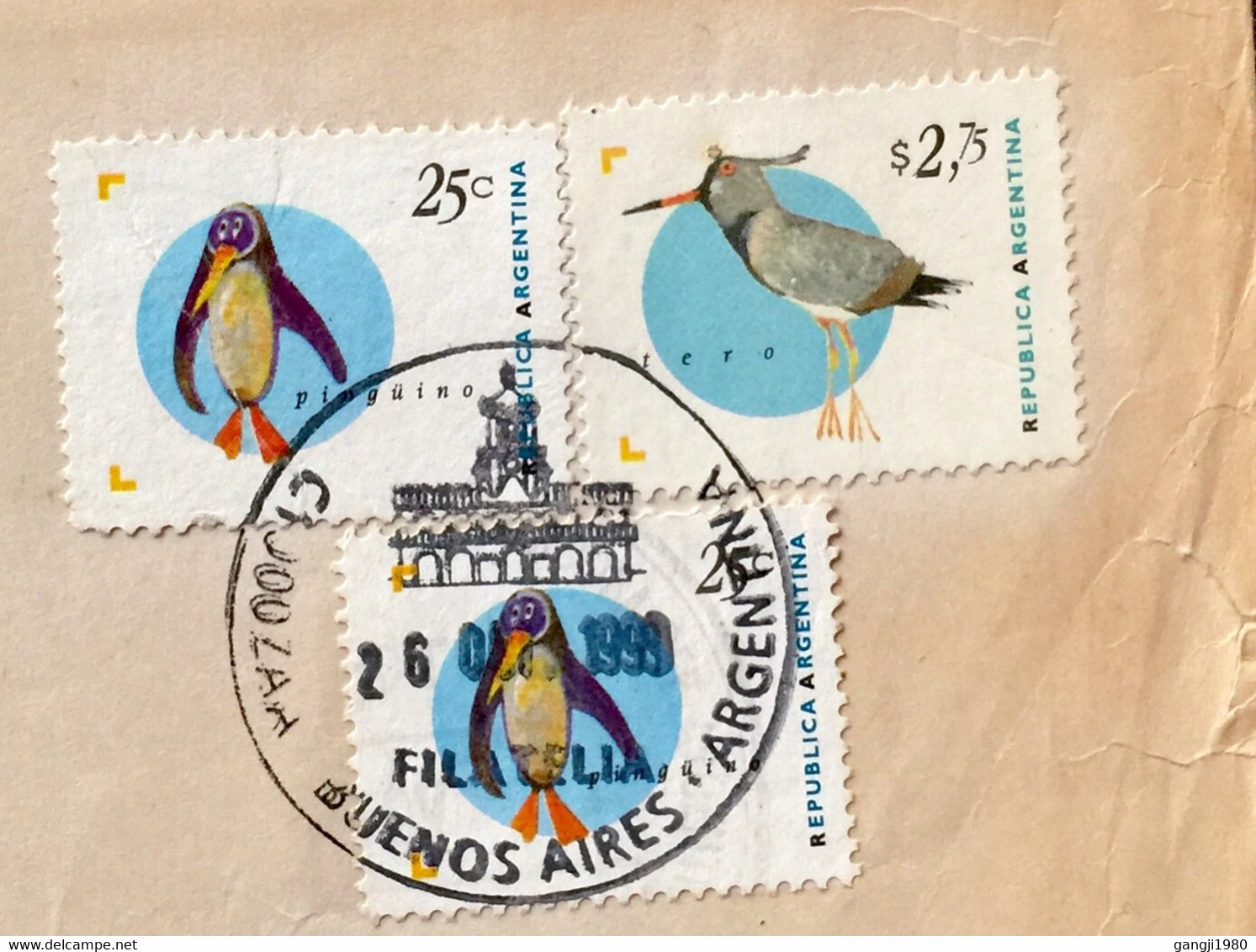 ARGENTINA 1999, BUENOS AIRES TO INDIA USED COVER,3 DIFFERENT BIRD STAMP WITH BUILDING PICTURE CANCELLATION - Brieven En Documenten