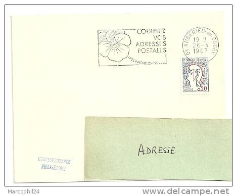 AIN - Dépt N° 01 = AMBERIEU En BUGEY  1967 = FLAMME Codée = SECAP Multiple ' PENSEZ + CODIFIEZ' = Pensée N° 1 - Postleitzahl