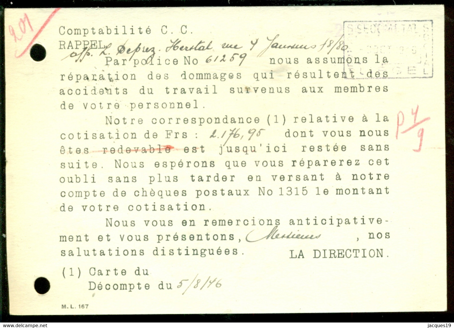 1946 Briefkaart Naar Luik Frankeermachine - ...-1959