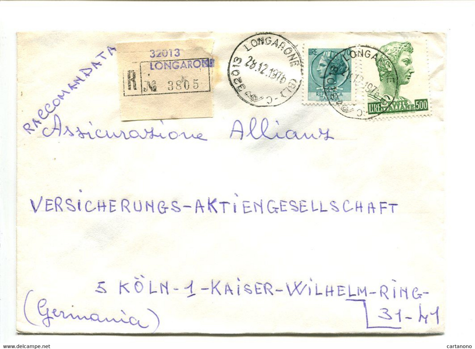 ITALIE Longarone 1976 - Affranchissement Sur Lettre Recommandée Pour L'Allemagne - Monnaie Syracusaine - Maschinenstempel (EMA)