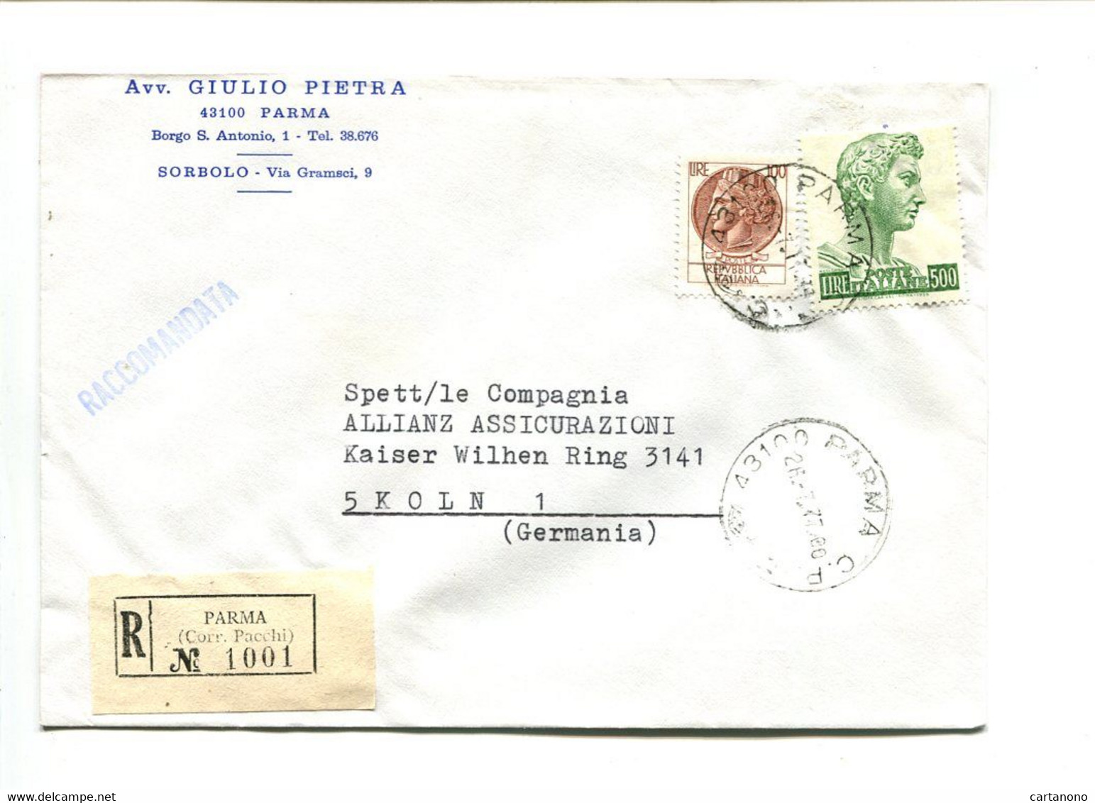 ITALIE Parma 1977 - Affranchissement Sur Lettre Recommandée Pour L'Allemagne - Monnaie Syracusaine - Frankeermachines (EMA)