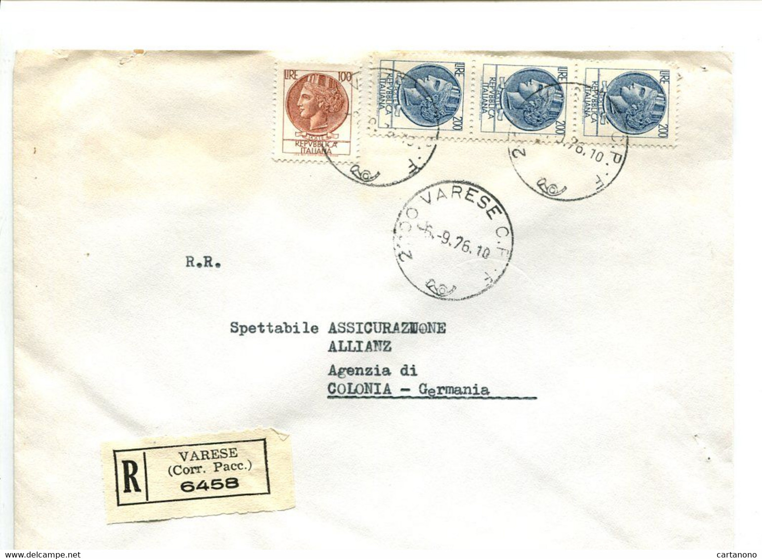 ITALIE Varese 1976 - Affranchissement Sur Lettre Recommandée Pour L'Allemagne - Monnaie Syracusaine - Franking Machines (EMA)