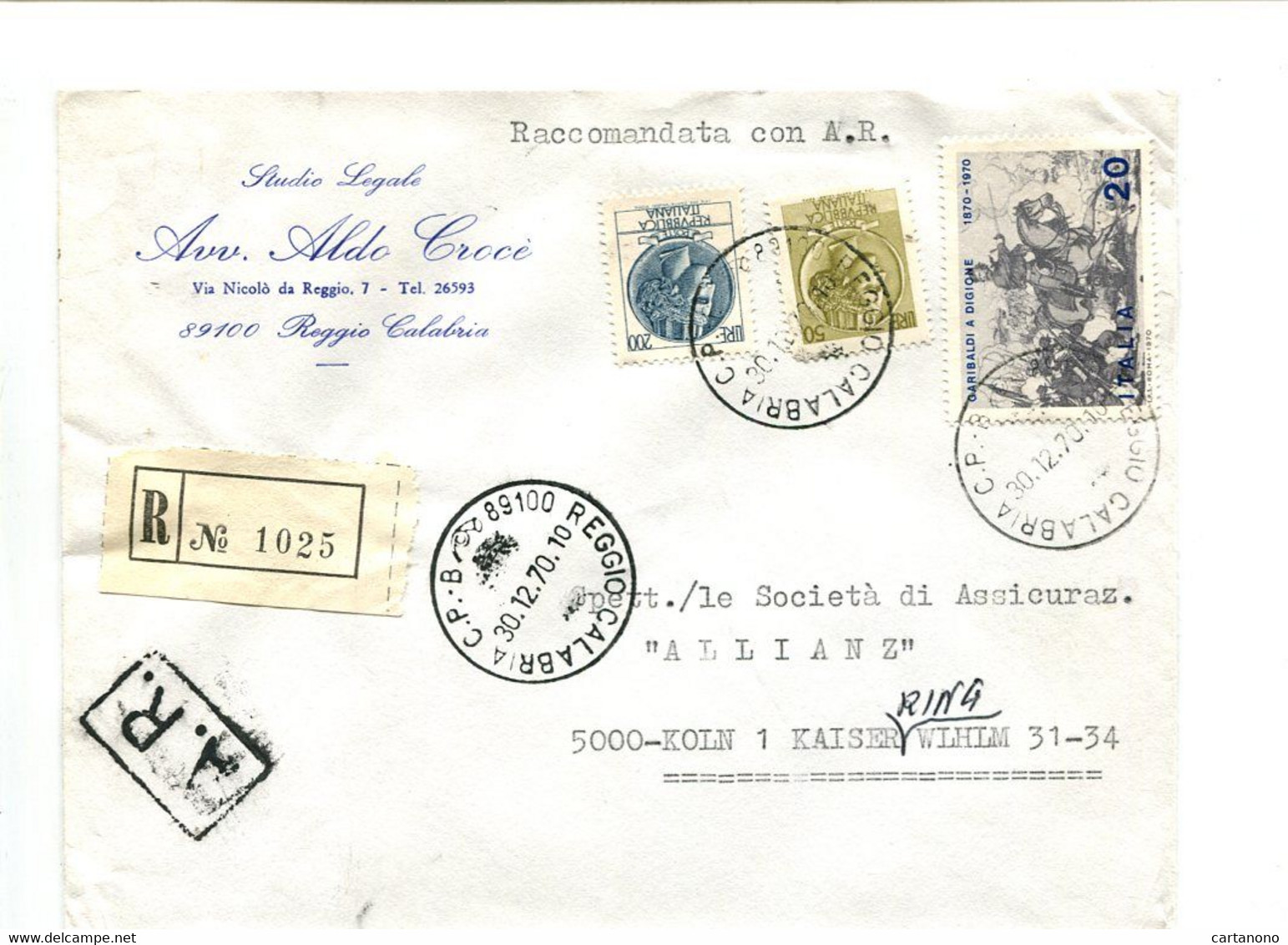 ITALIE Reggio Calabria 1970 - Affranchissement Sur Lettre Recommandée Pour L'Allemagne - Monnaie Syracusaine - Maschinenstempel (EMA)