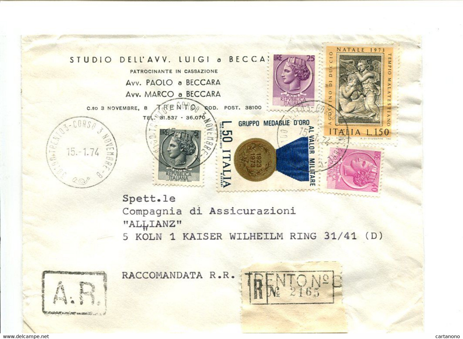 ITALIE Trento 1974 - Affranchissement Sur Lettre Recommandée Pour L'Allemagne - Maschinenstempel (EMA)