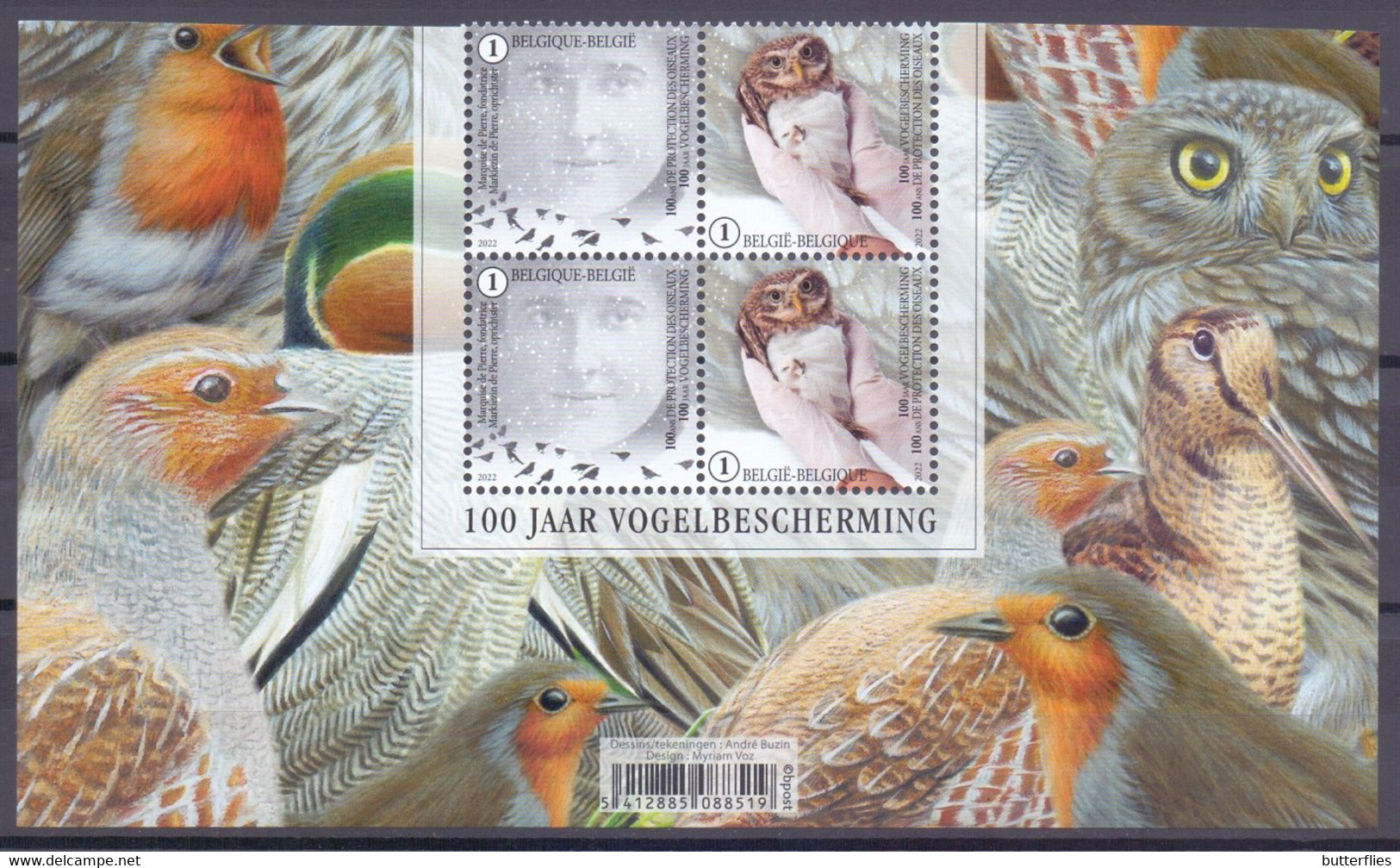 Belgie - 2022 ** 100 Jaar Vogelbescherming - Blok Van Vier - Randtekening -  A.Buzin  ** - Ongebruikt