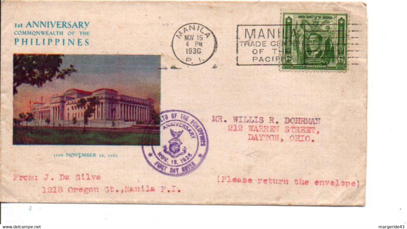 USA PHILIPPINES LETTRE DE MANILLE 1930 - Philippinen