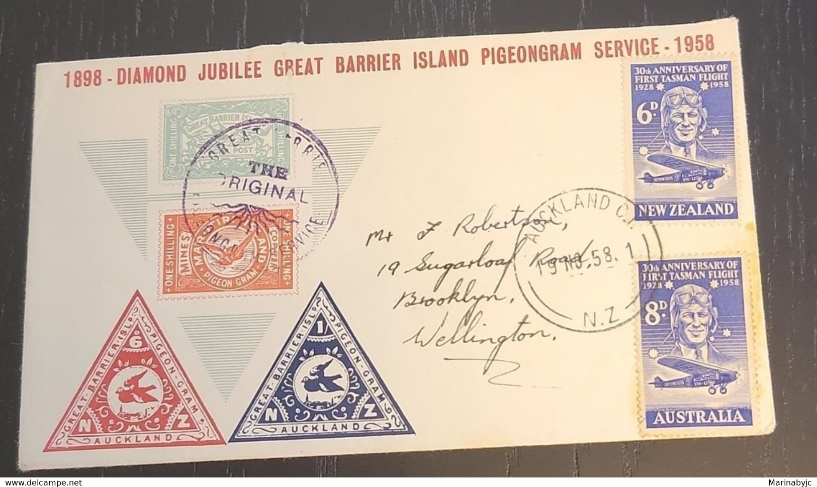 SP) 1958 NEW ZEALAND, DIAMOND JUBILEE GREAT BARRIER ISLAND PIGEONGRAM SERVICE, FIRST TASMAN FLIGHT, CIRCULATED COVER TO - Autres & Non Classés