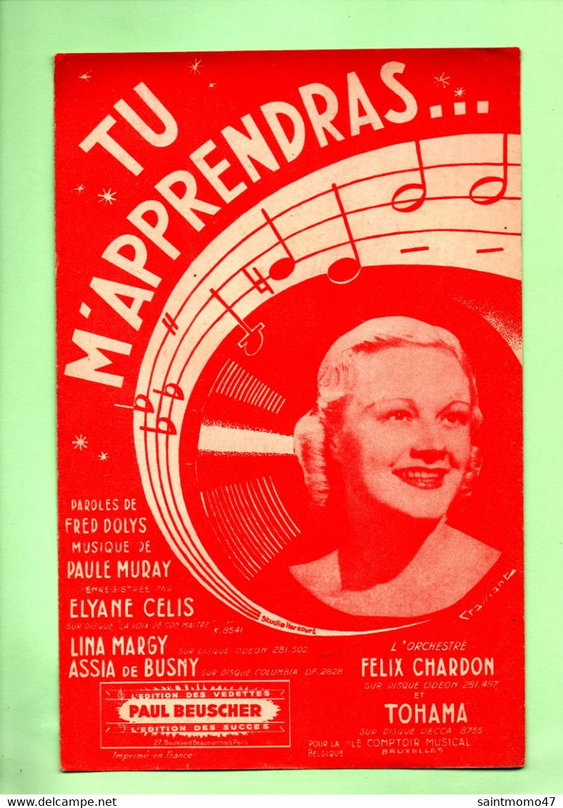 PARTITION . CHANSON . " TU M'APPRENDRAS " . FRED DOLIS . PAULE MURAY  - Réf. N°85G - - Partitions Musicales Anciennes