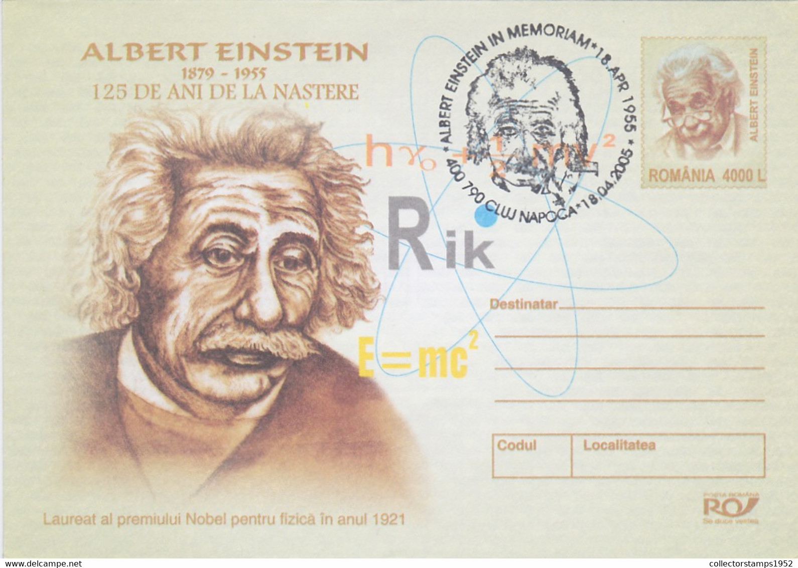 W0948- ALBERT EINSTEIN, SCIENTIST, FAMOUS PEOPLE, COVER STATIONERY, 2005, ROMANIA - Albert Einstein