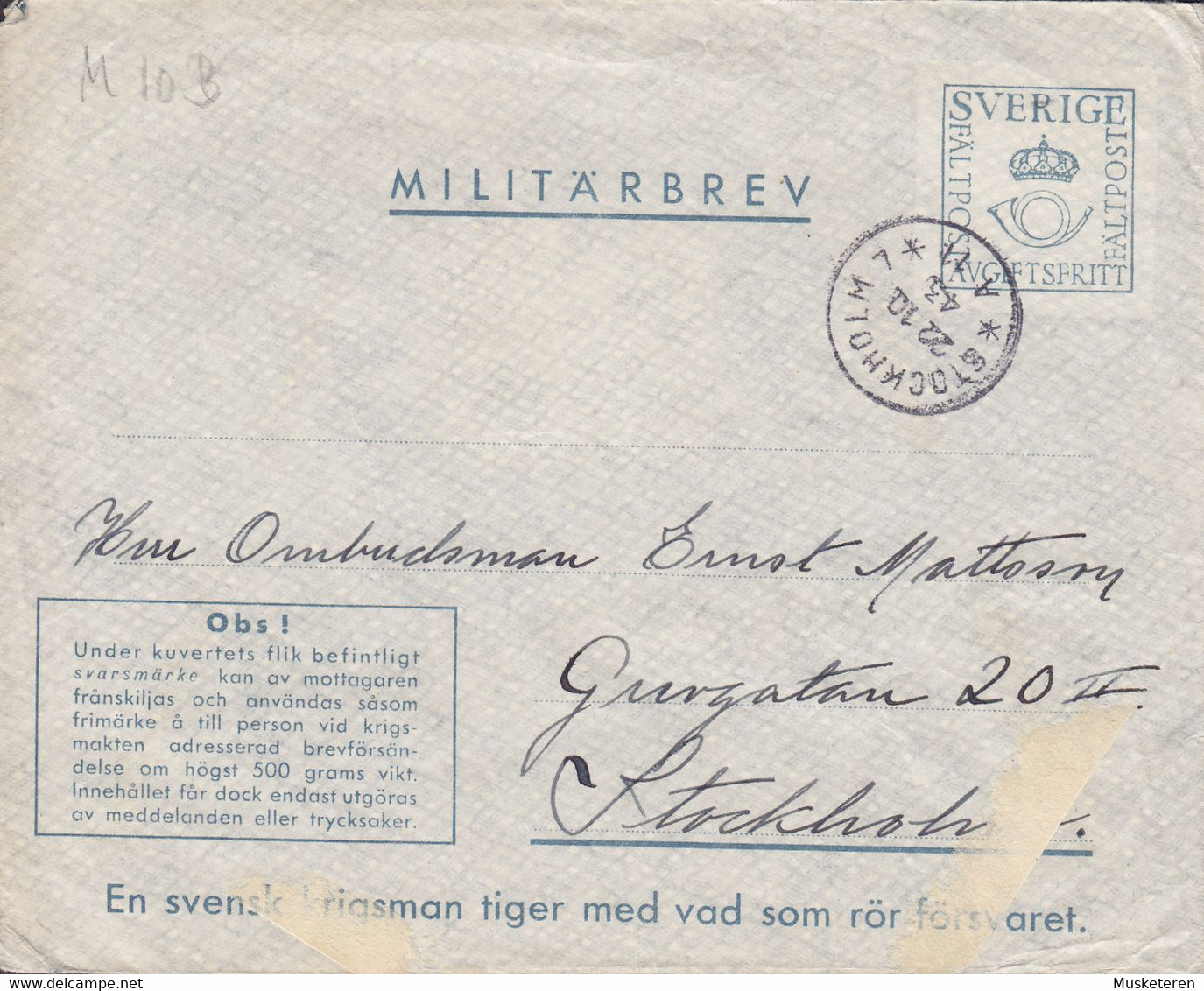 Sweden Feldpost Fieldpost Militärbrev M10B STOCKHOLM 1943 Cover Brief (2 Scans) - Militaires