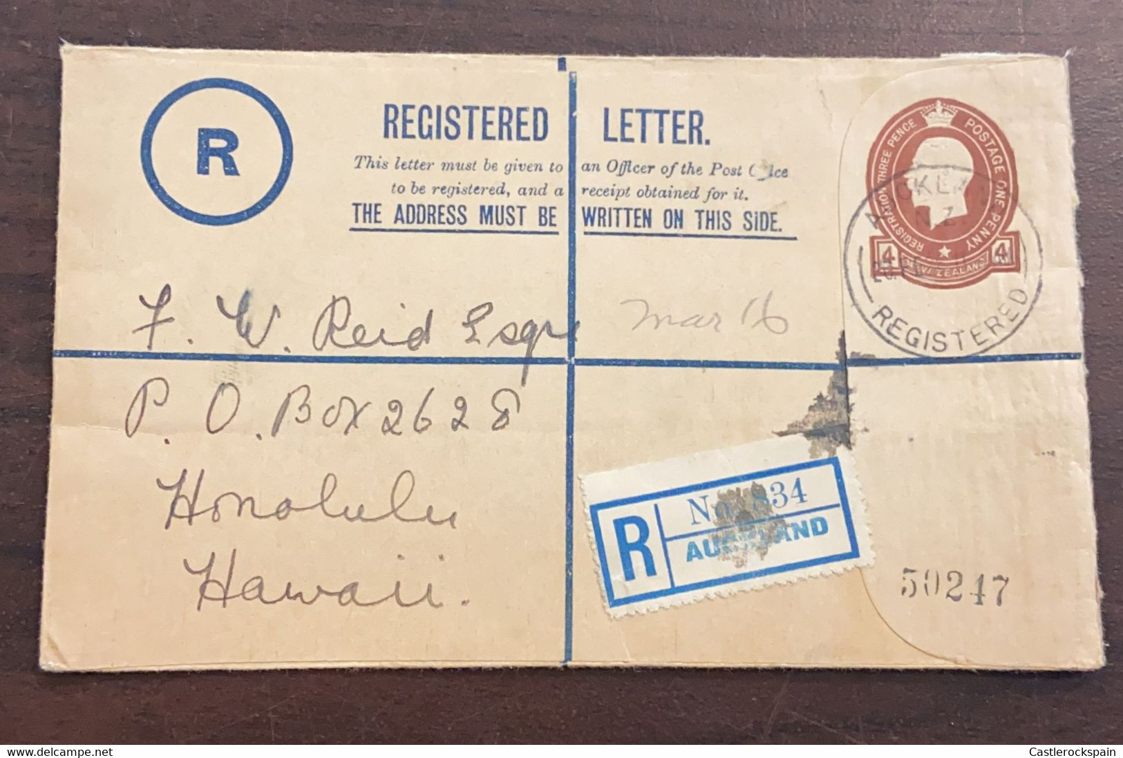 O) NEW ZEALAND, KING GEORGE V 4p, REGISTERED LETTER,  CIRCULATED POSTAL STATIONERY TO HONOLULU - HAWAII - Postal Stationery