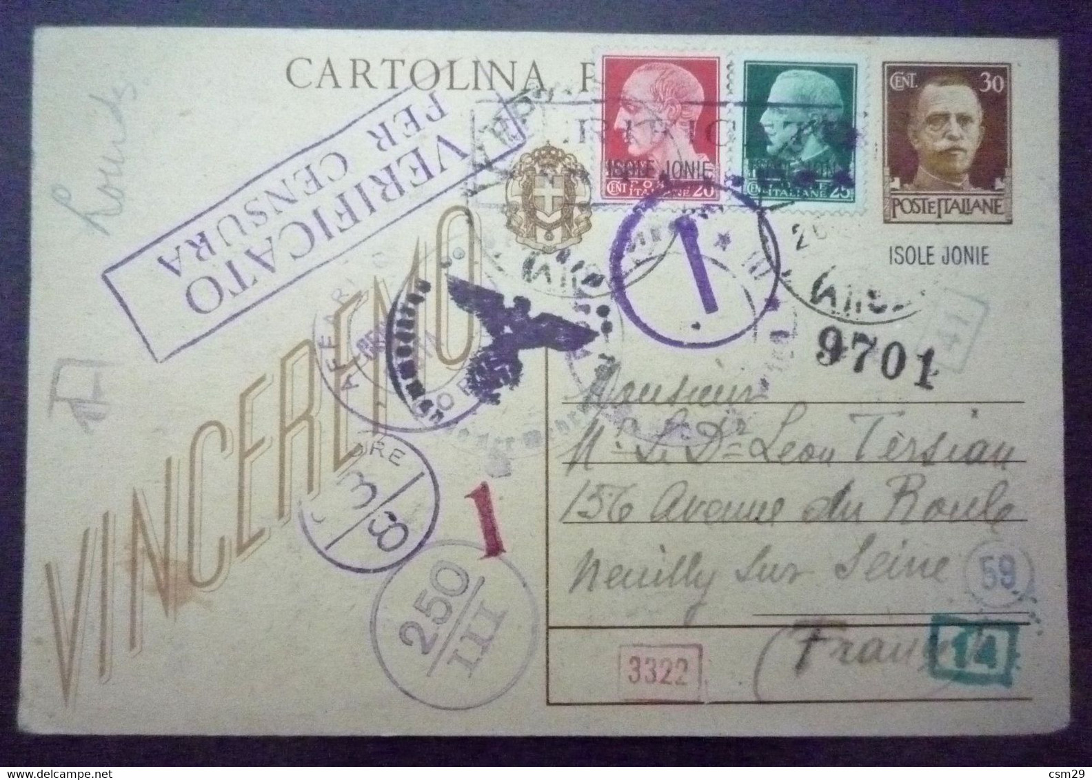 ITALIE Carte Postale Entier 1943 Corfou à Neuilly Sur Seine - Censure Militaire - Korfu