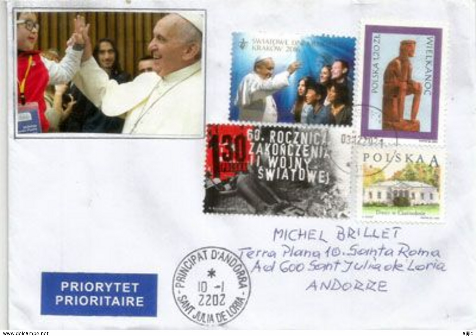 Visite Du Pape Francois En Pologne En 2016, Sur Lettre à Andorra, Avec Timbre à Date Arrivée Local - Brieven En Documenten