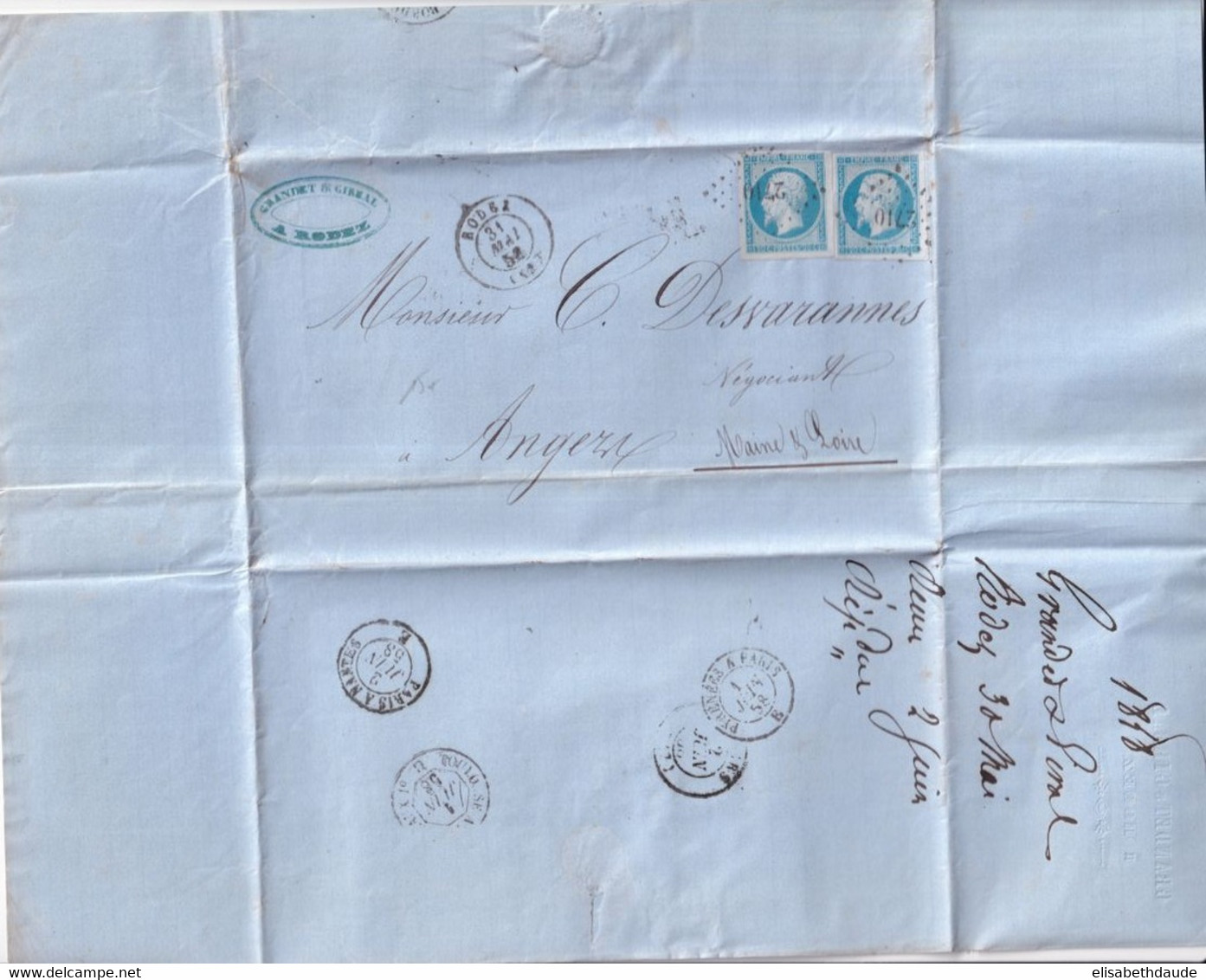 1858 - AVEYRON - LETTRE DOUBLE PORT De RODEZ PC 2710 => ANGERS - 1849-1876: Klassieke Periode