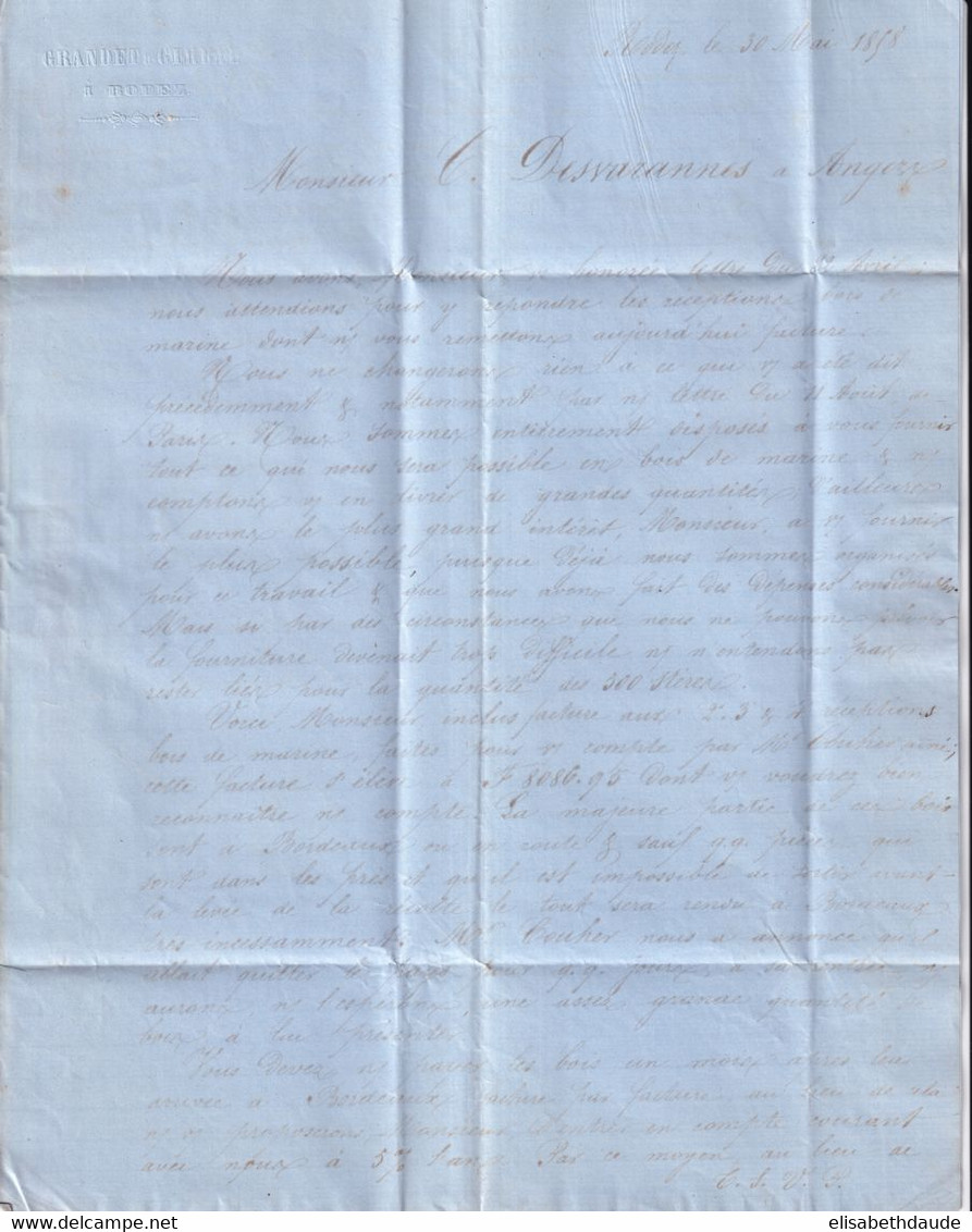 1858 - AVEYRON - LETTRE DOUBLE PORT De RODEZ PC 2710 => ANGERS - 1849-1876: Klassieke Periode