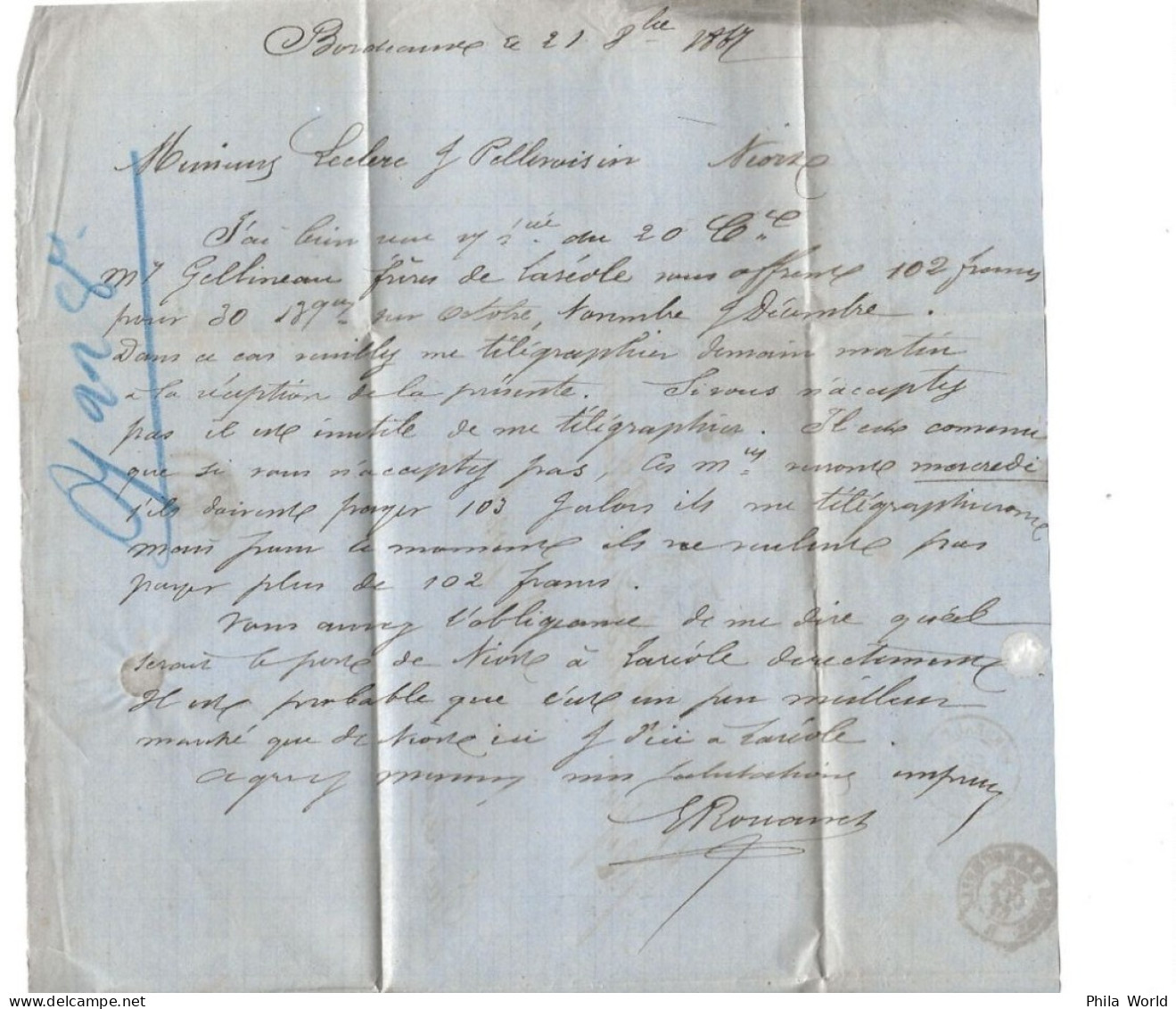 LAC 1867 LETTRE DE BORDEAUX GC 532 Pour NIORT CACHET BOITE MOBILE AFFRANCHISSEMENT Du 20c NAPOLEON III LAURE - 1849-1876: Période Classique