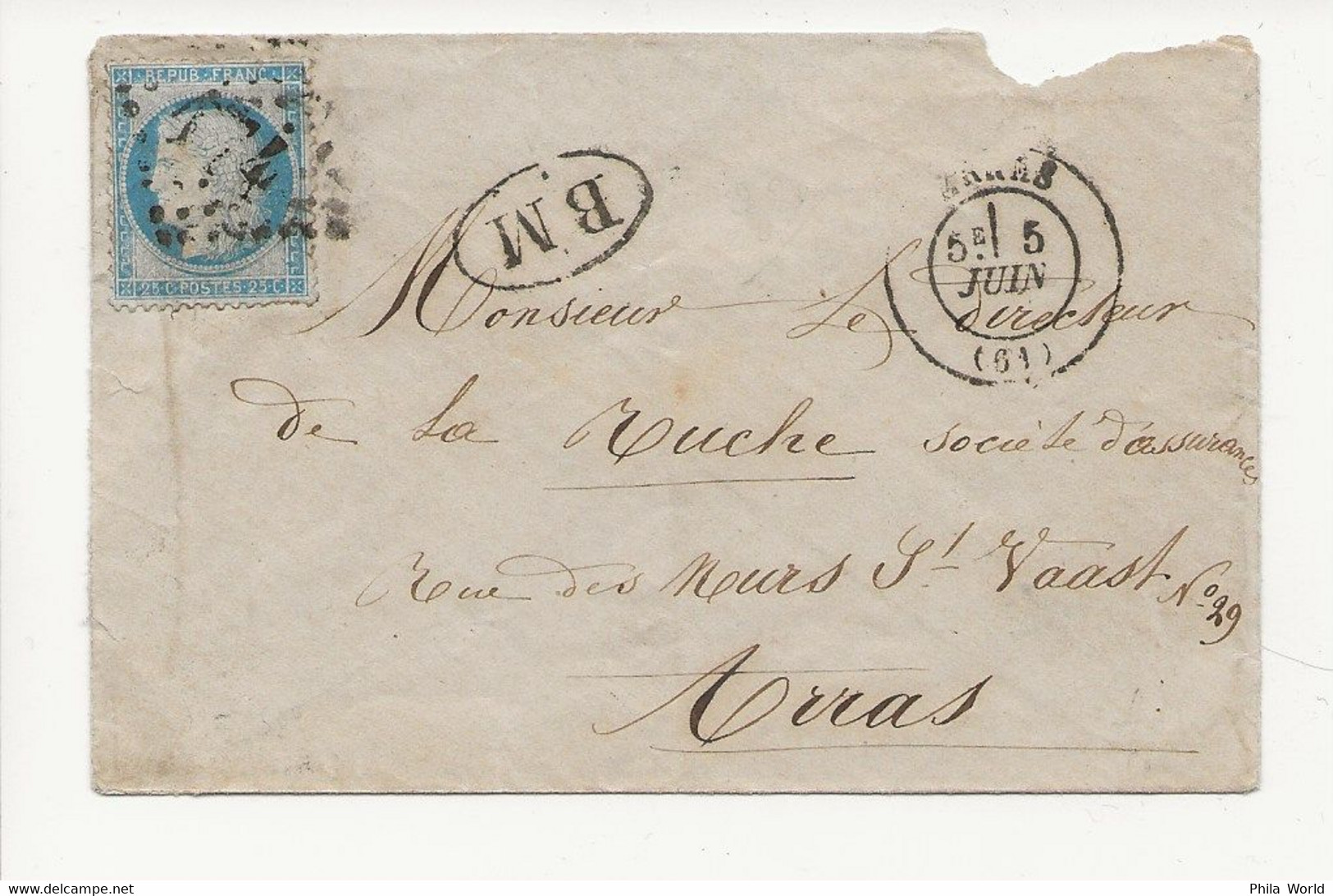 LETTRE DES ENVIRONS D'ARRAS Pour ARRAS Cachet BM BOITE MOBILE AFFRANCHIE 25c CERES DENTELE Du TYPE 3 - 1849-1876: Classic Period