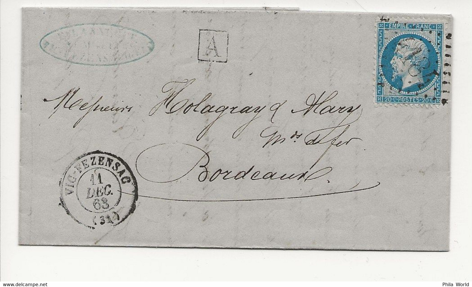 LAC 1863 LETTRE BOITE COMPLEMENTAIRE URBAINE VIC FEZENSAC Pour BORDEAUX AFFRANCHIE 20c NAPOLEON III DENTELE - 1849-1876: Période Classique