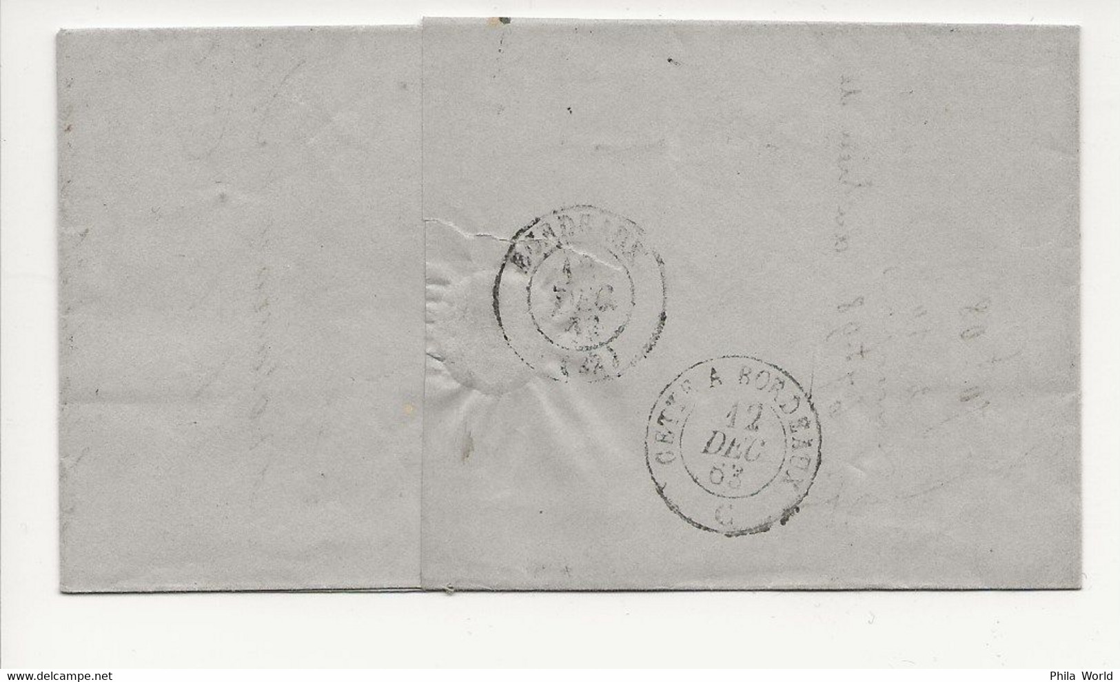 LAC 1863 LETTRE BOITE COMPLEMENTAIRE URBAINE VIC FEZENSAC Pour BORDEAUX AFFRANCHIE 20c NAPOLEON III DENTELE - 1849-1876: Période Classique